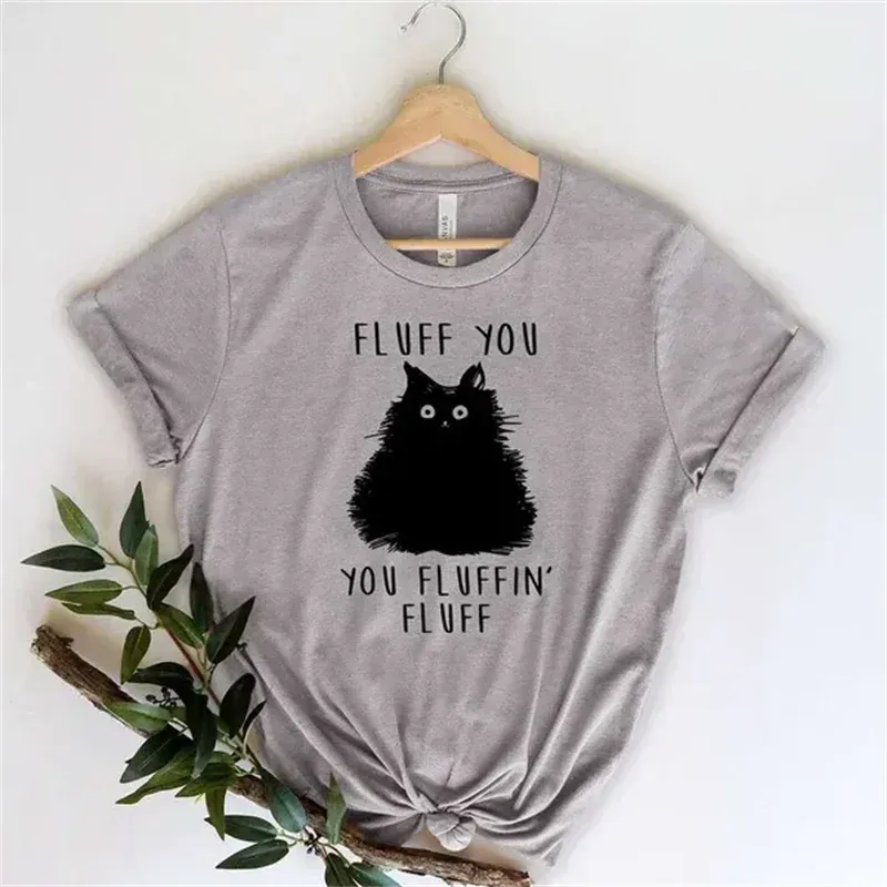 1 - WC - Women's Retro Tee: "Fluff You" cat design, casual 90s summer style