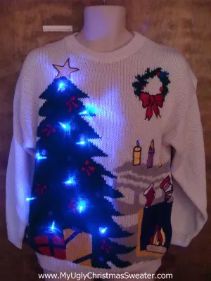 80s Light Up Ugly Xmas Sweater with Cozy Tree and Fireplace
