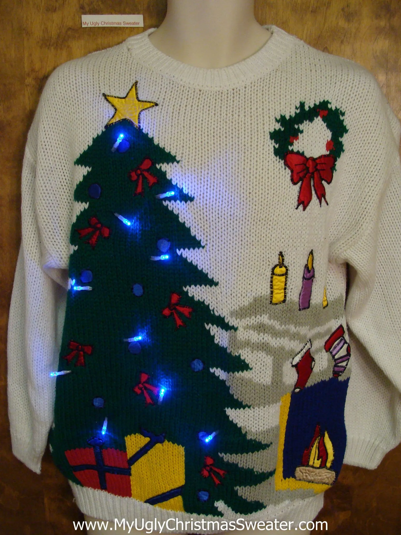 80s Light Up Ugly Xmas Sweater with Cozy Tree and Fireplace