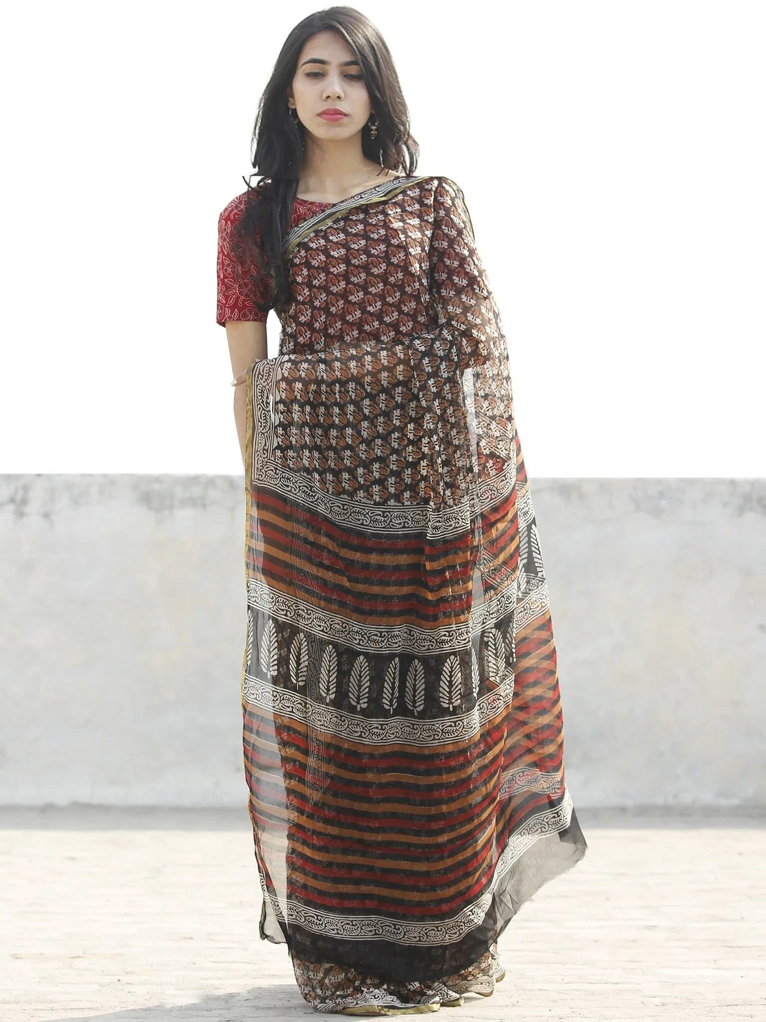 Beige Black Rust Hand Block Printed Chiffon Saree with zari border- S031702663