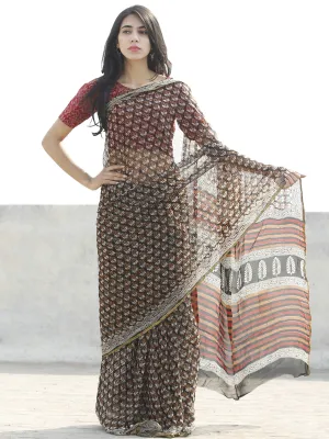 Beige Black Rust Hand Block Printed Chiffon Saree with zari border- S031702663