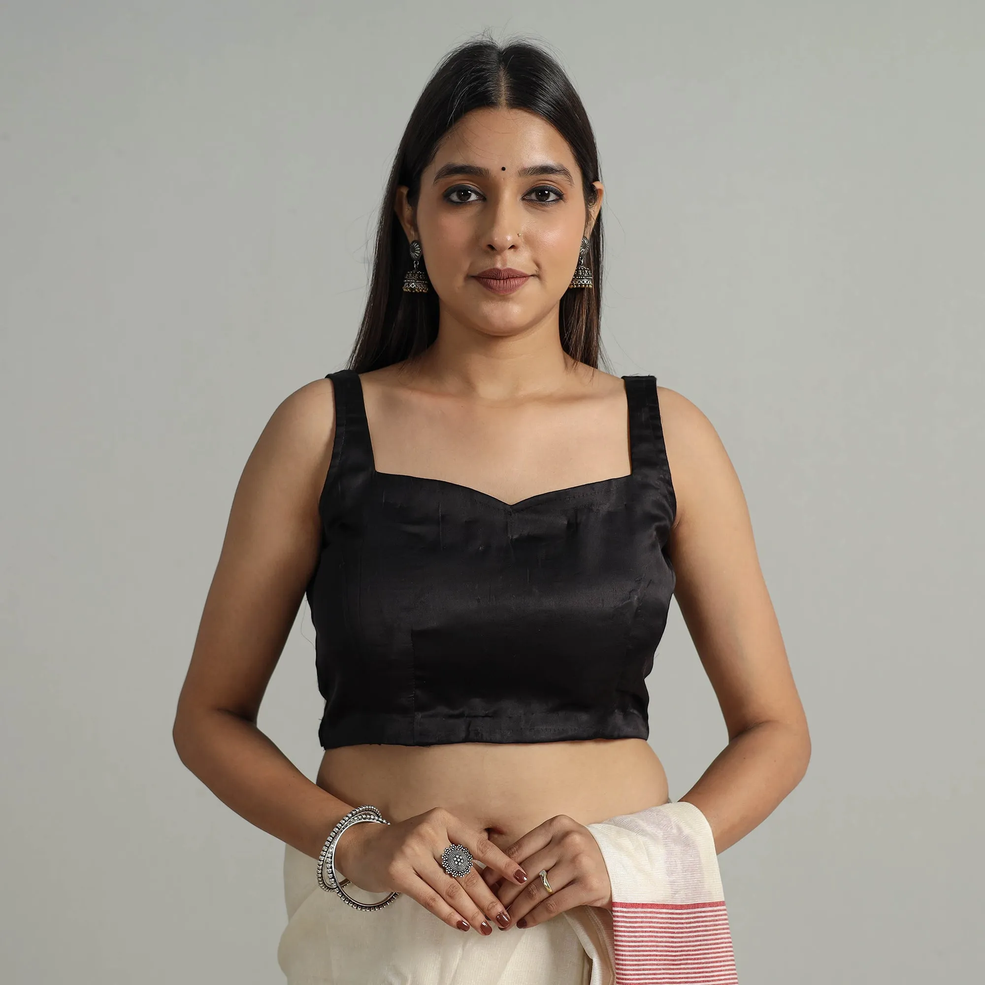 Black - Modal Silk Plain Stitched Blouse 09