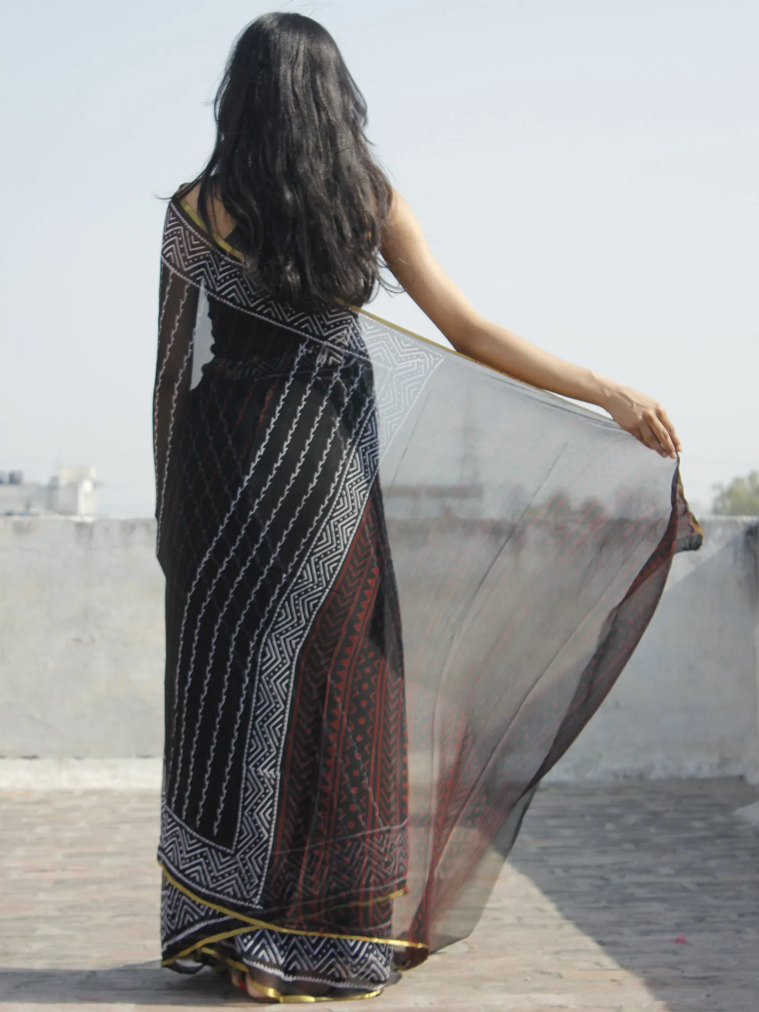 Black White Red Hand Block Printed Chiffon Saree - S031702318