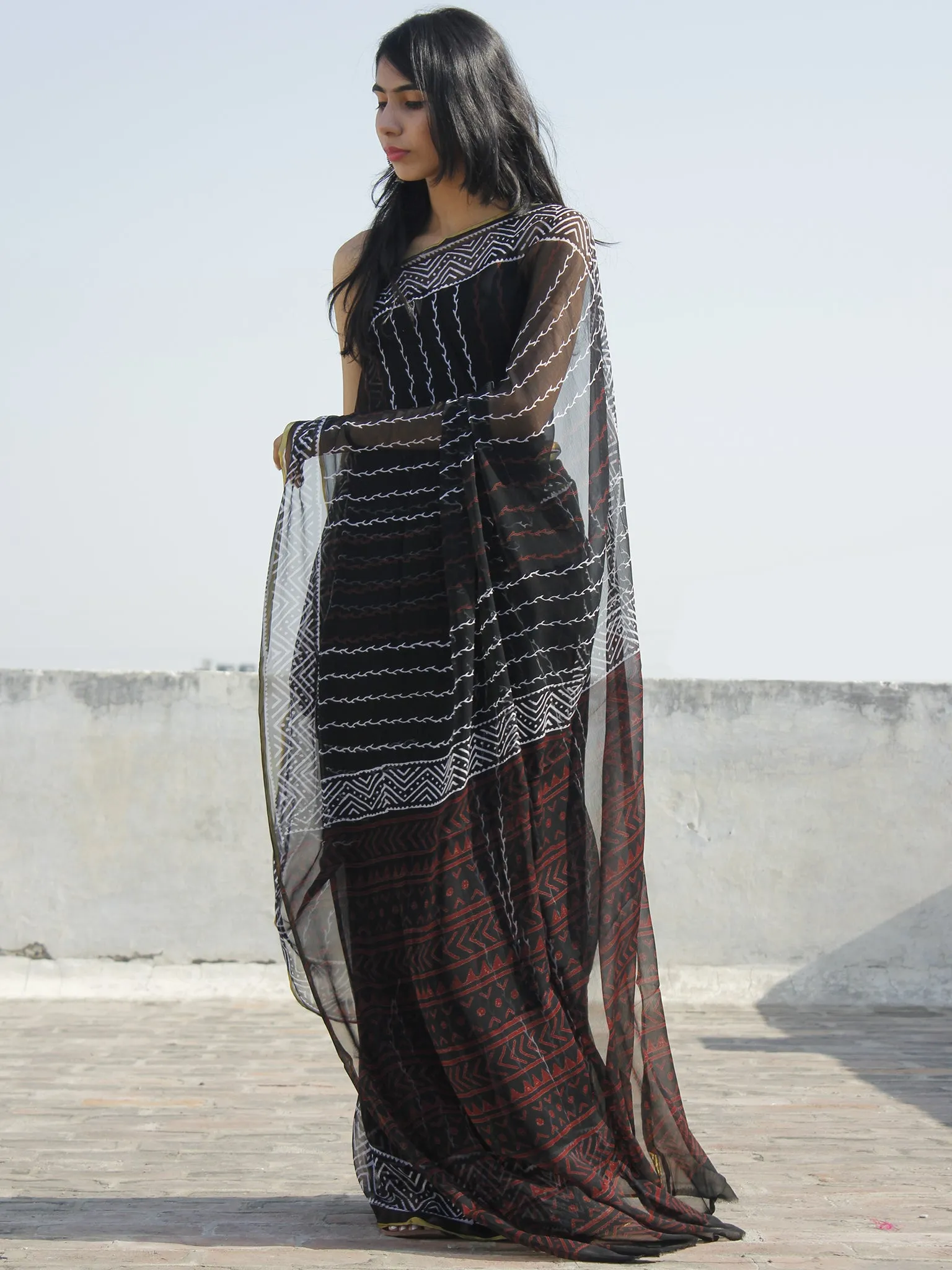 Black White Red Hand Block Printed Chiffon Saree - S031702318