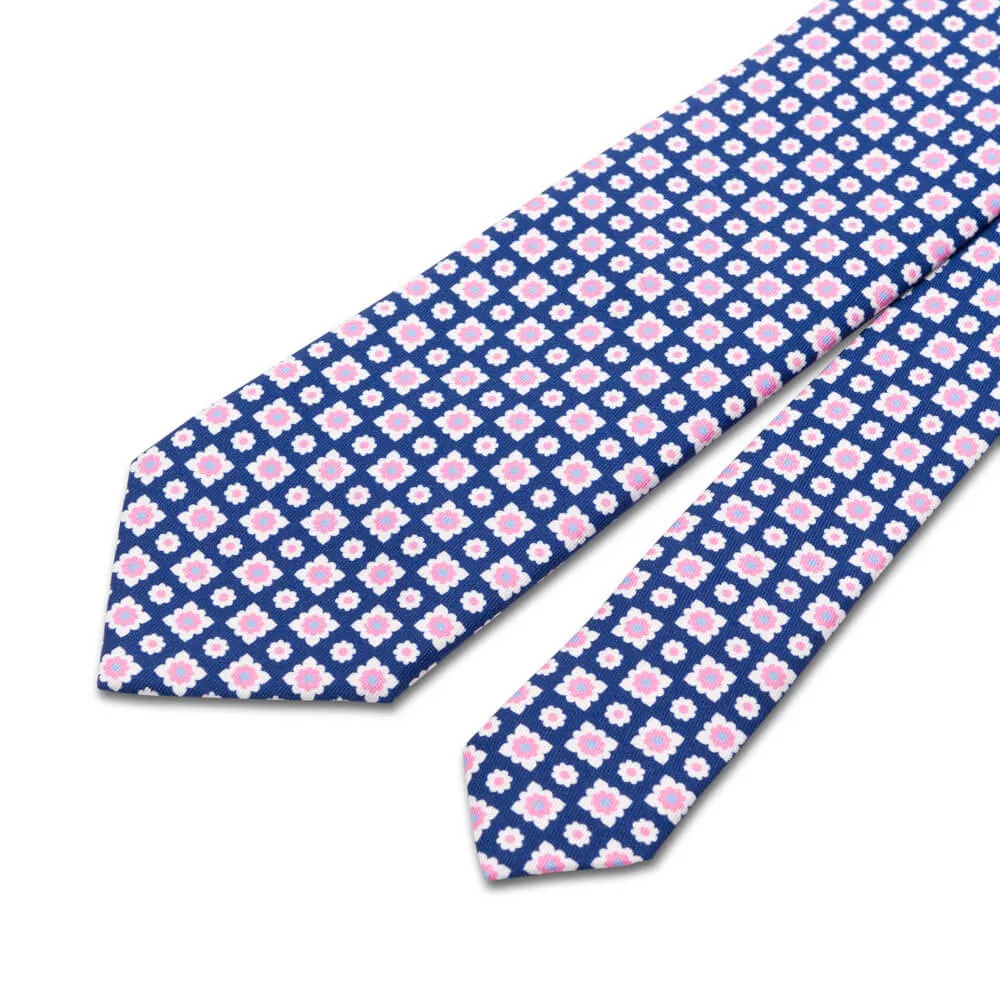 Blue Pink and White Classic Motif Silk Cotton Tie