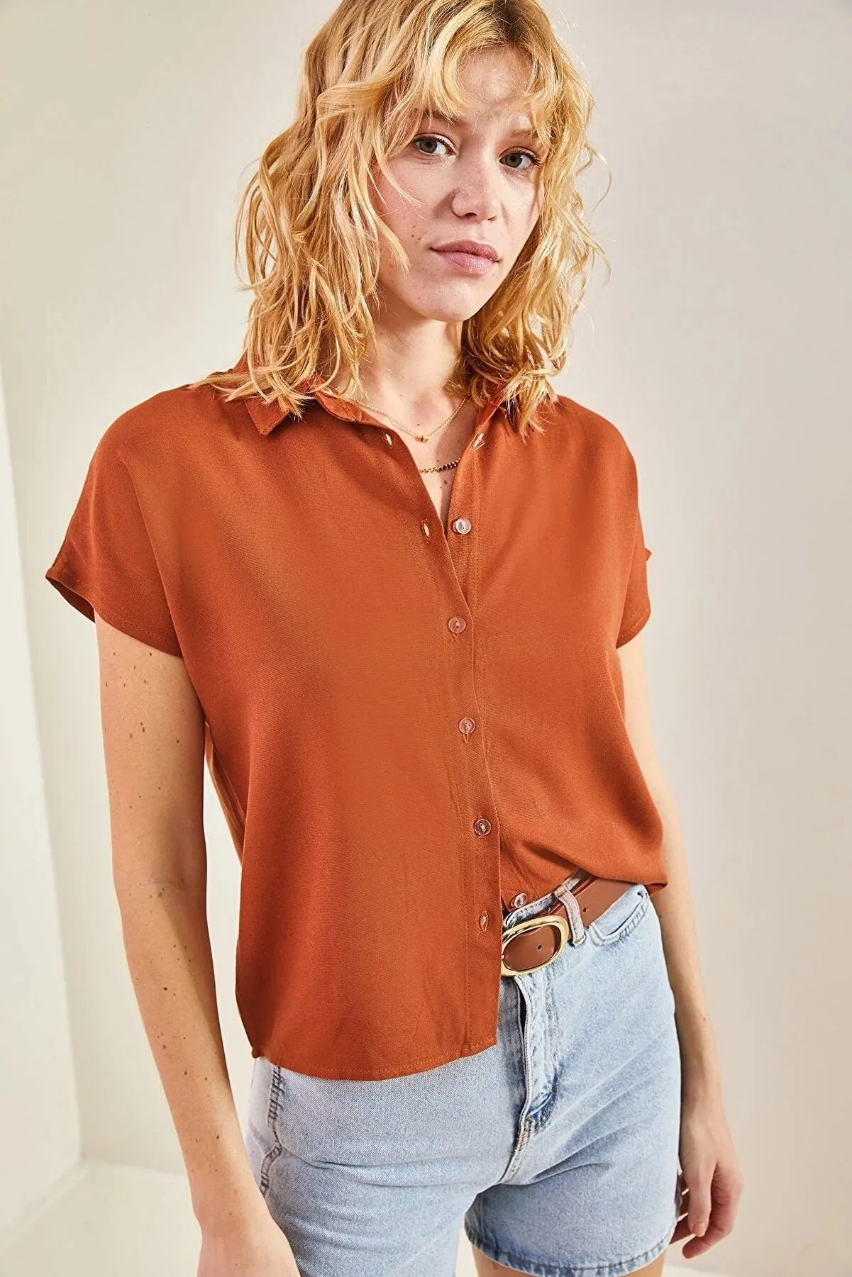 Camel Linen Short Sleeve Blouse