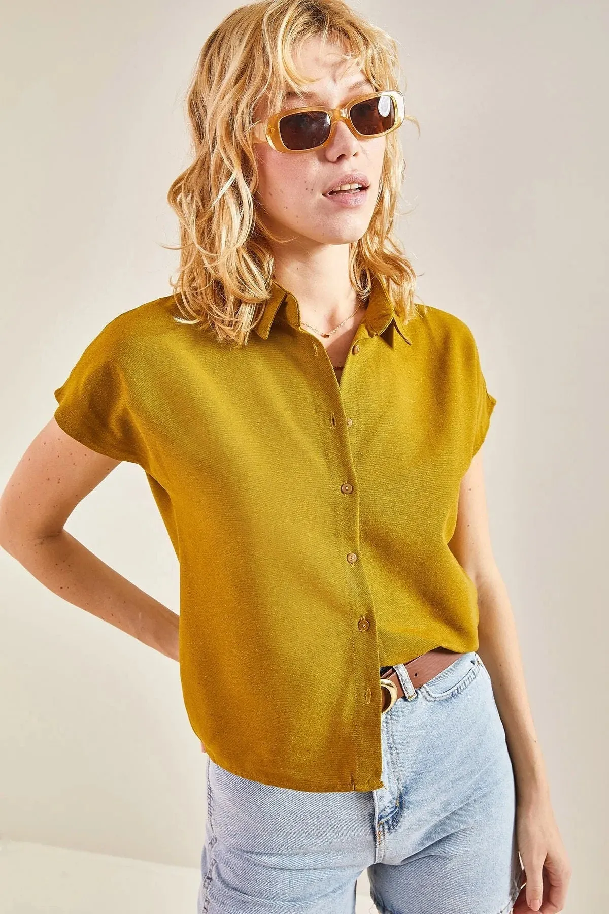 Camel Linen Short Sleeve Blouse