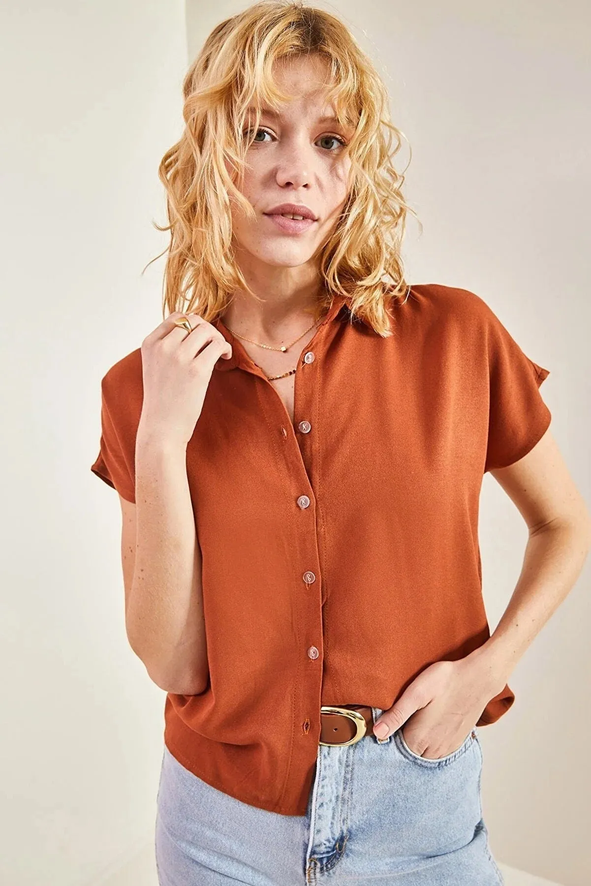 Camel Linen Short Sleeve Blouse