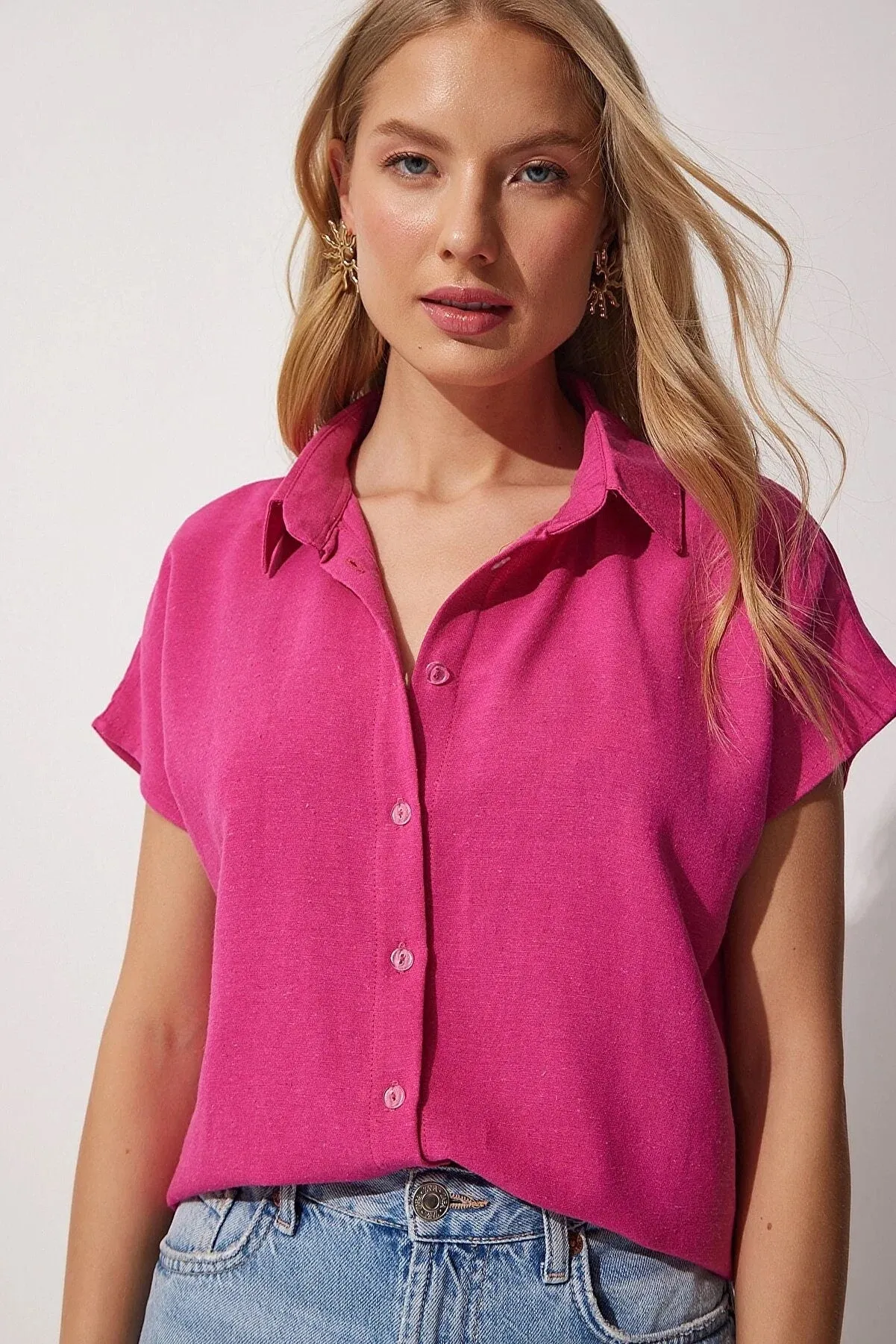 Camel Linen Short Sleeve Blouse