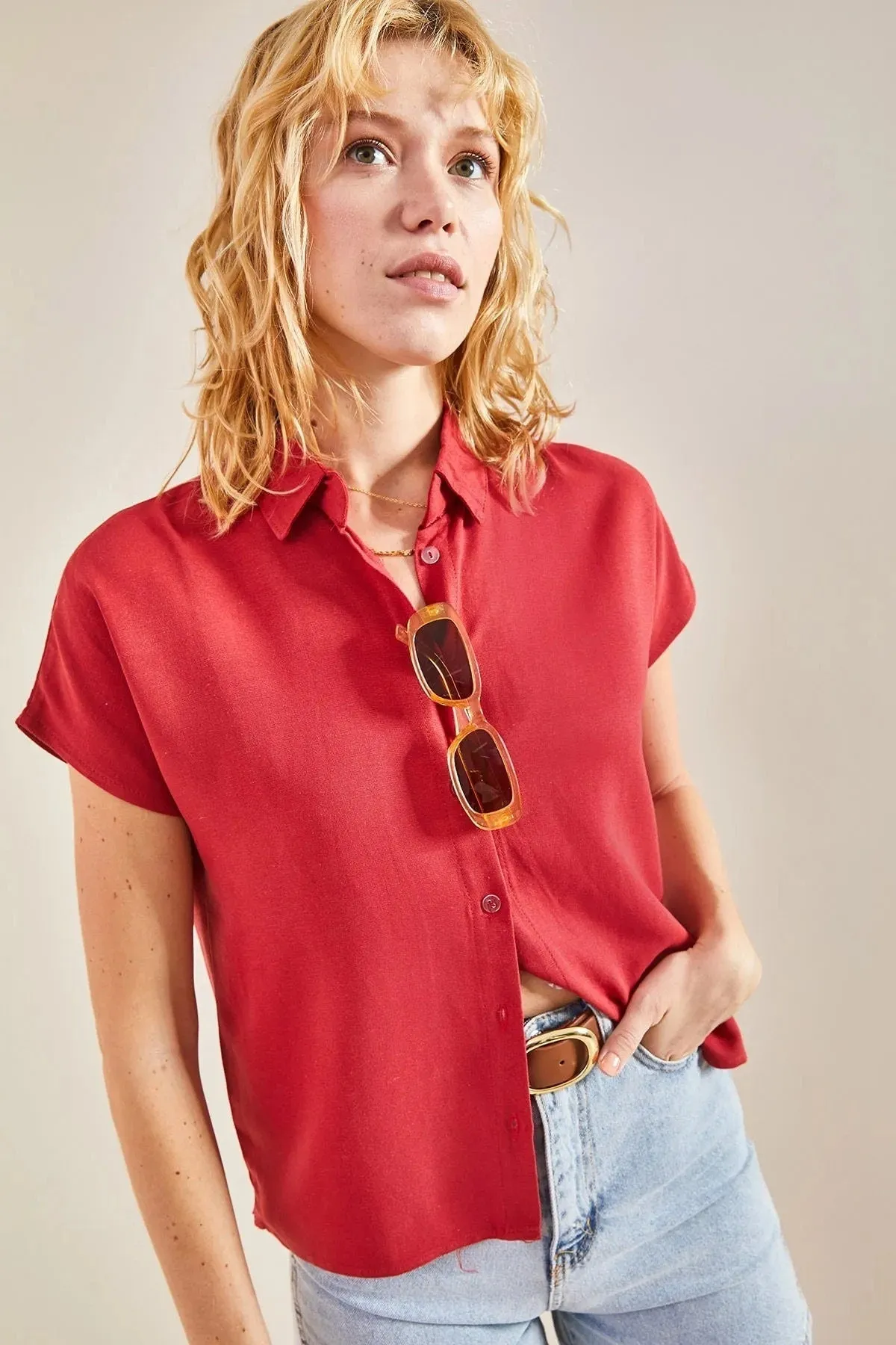 Camel Linen Short Sleeve Blouse