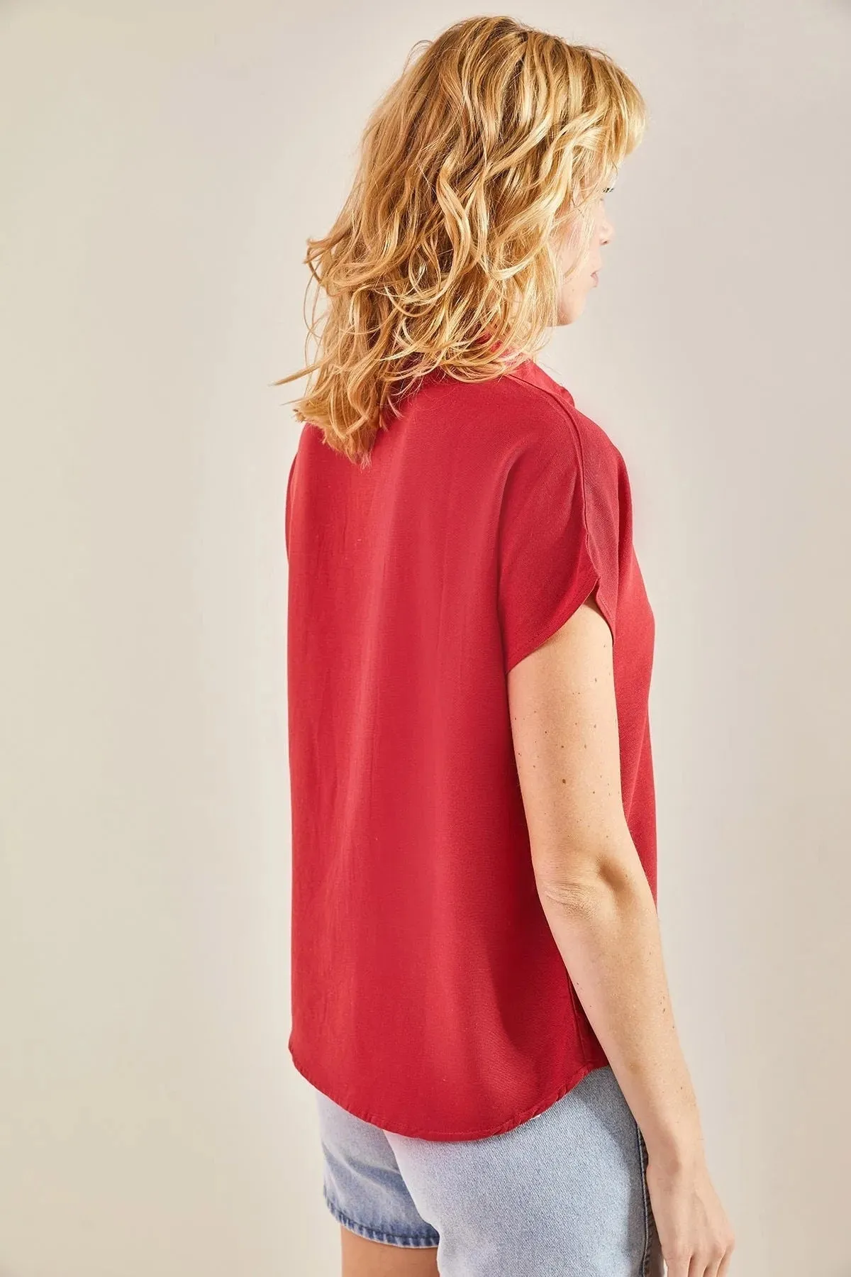 Camel Linen Short Sleeve Blouse