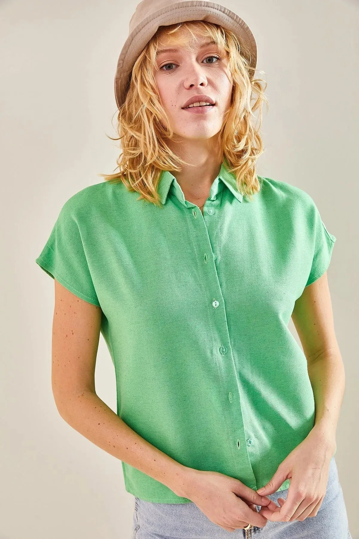 Camel Linen Short Sleeve Blouse