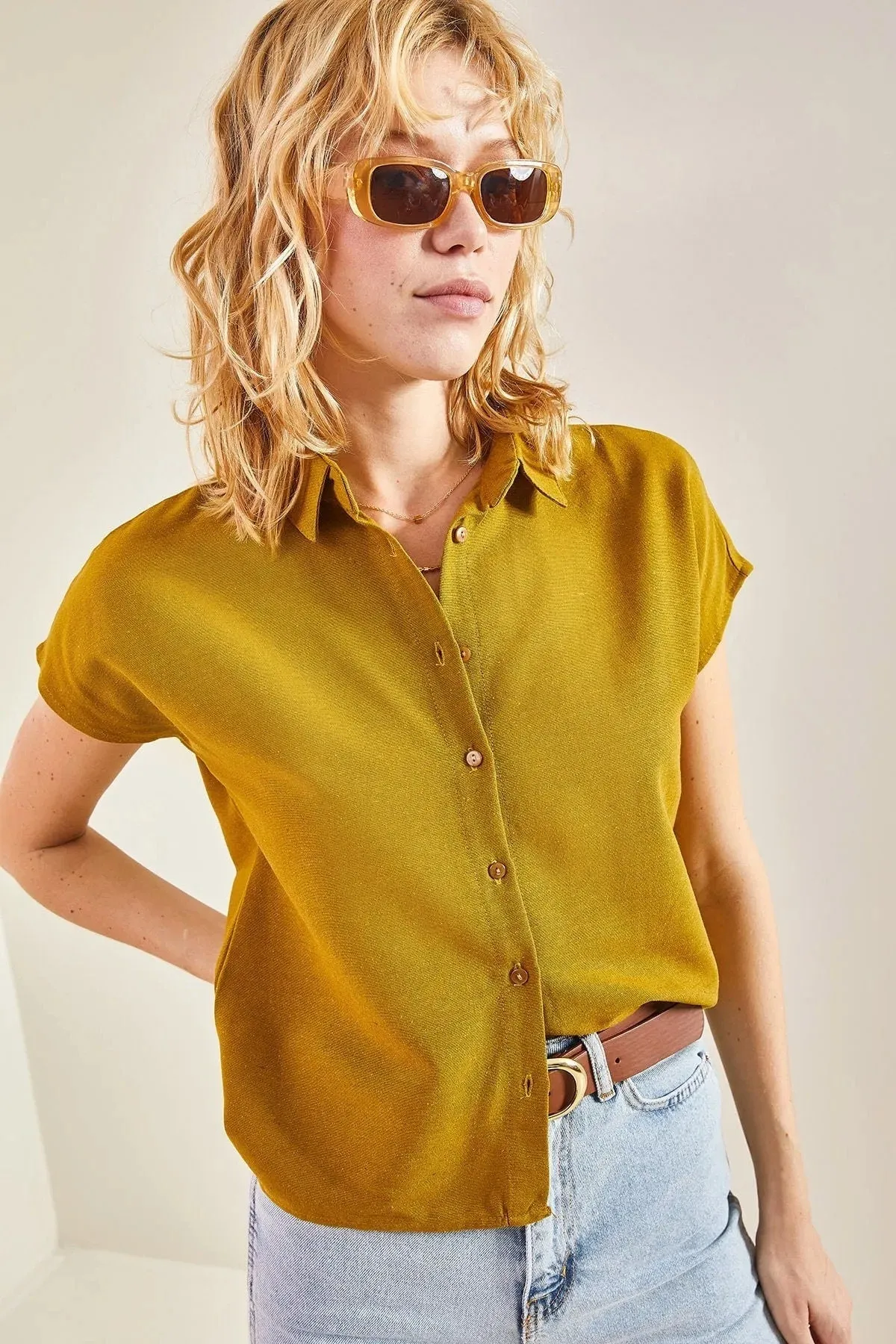 Camel Linen Short Sleeve Blouse