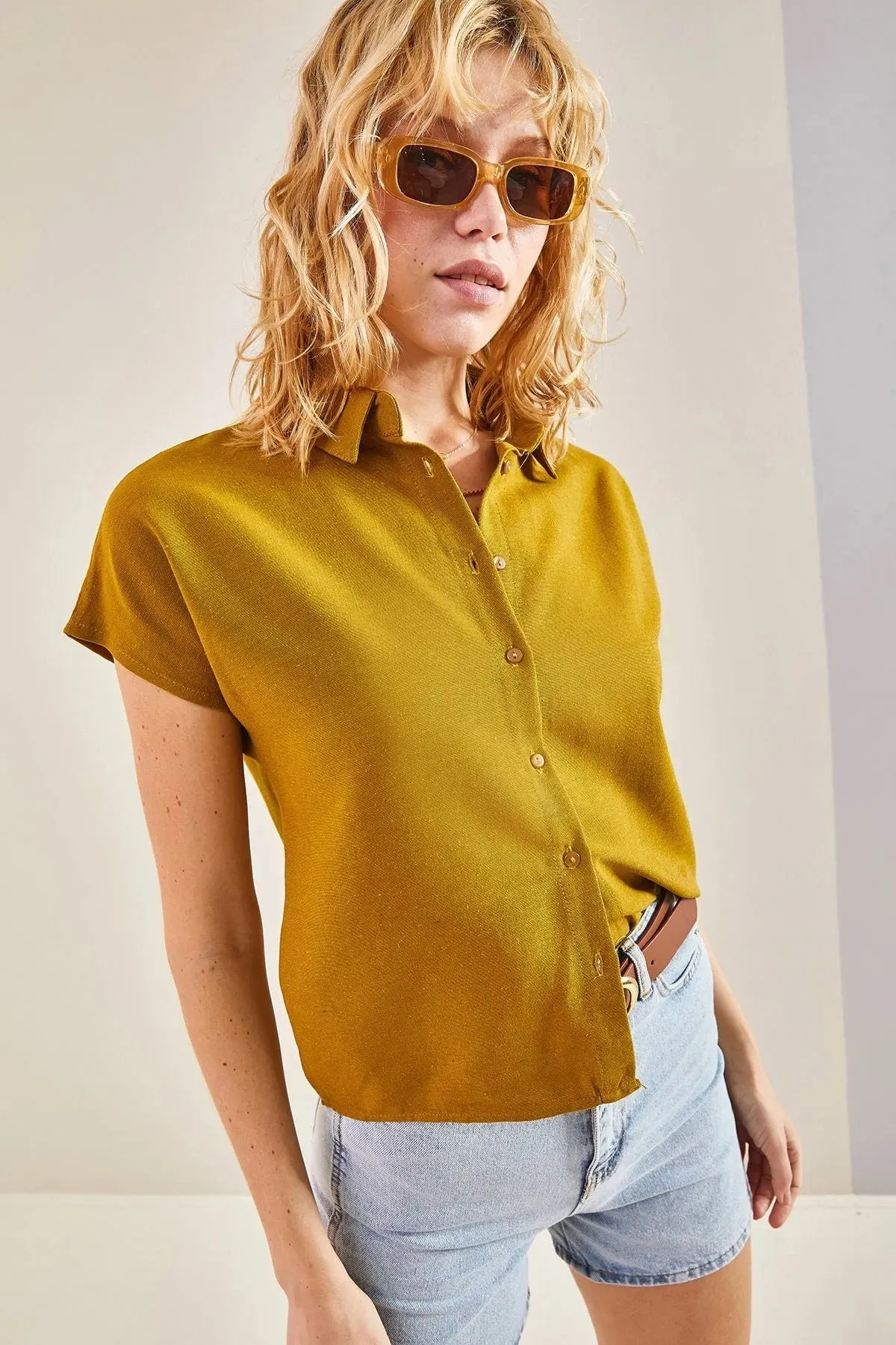 Camel Linen Short Sleeve Blouse