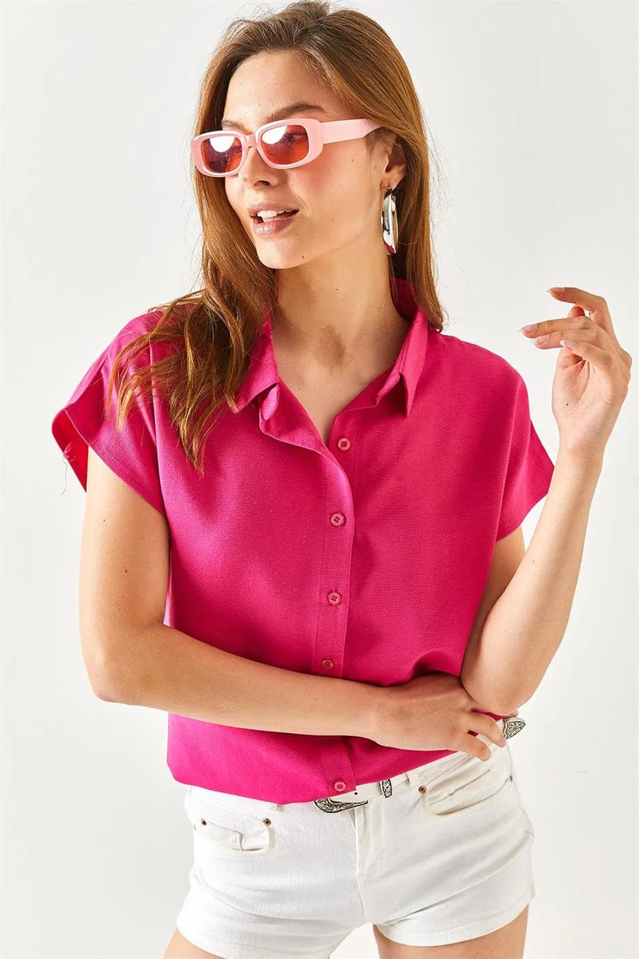 Camel Linen Short Sleeve Blouse
