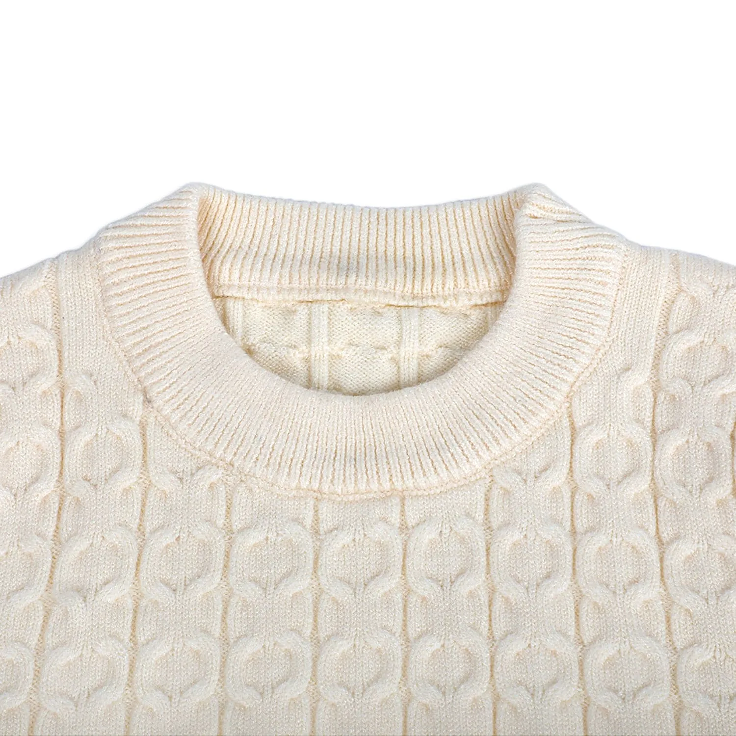 Classic Solid Round Neck Premium Full Sleeves Cable Knit Sweater - Off White