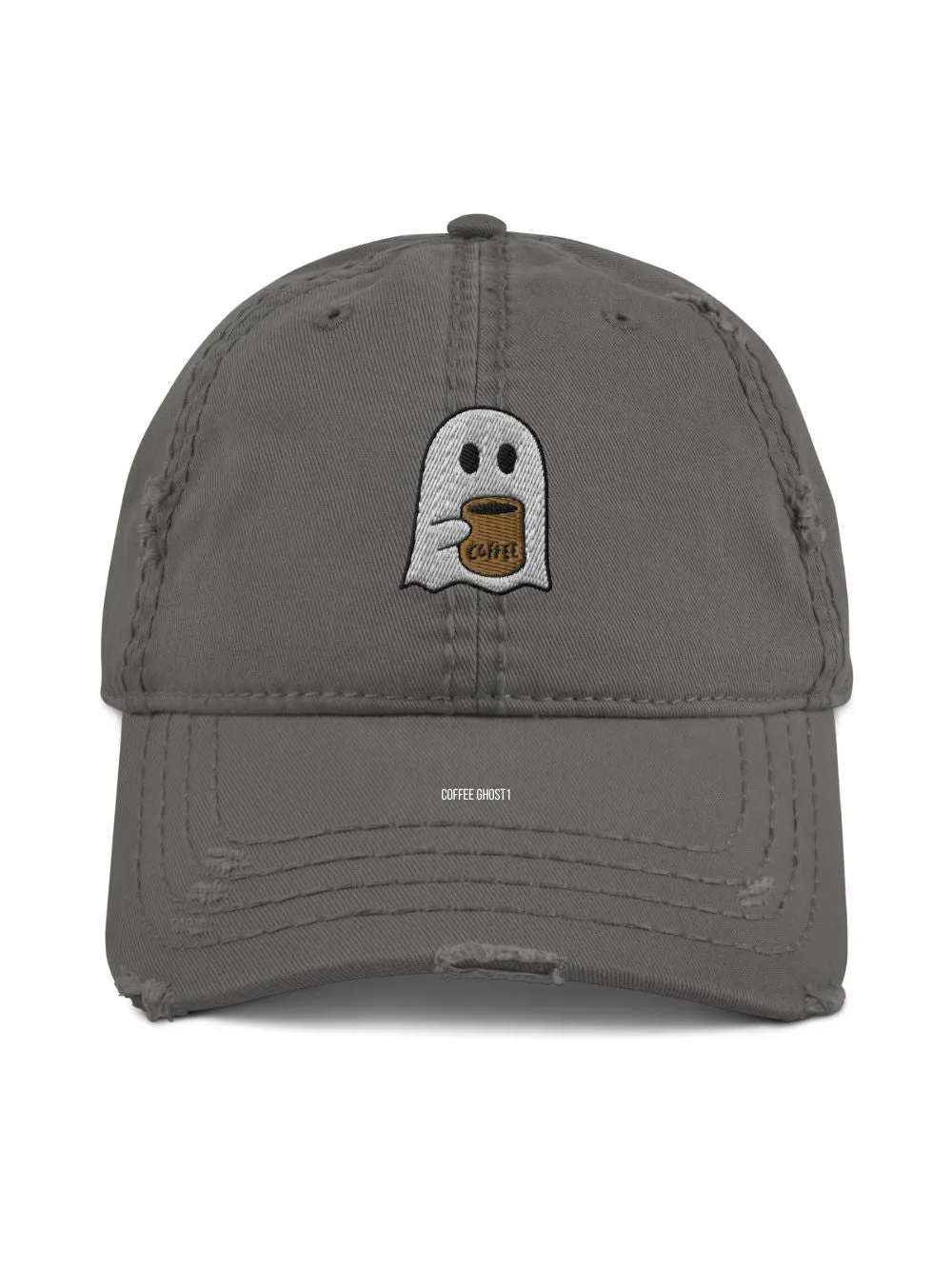 Coffee Ghost Embroidered Distressed Dad Hat