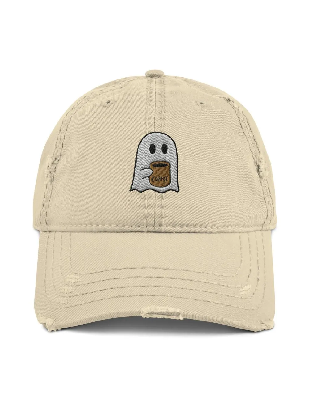 Coffee Ghost Embroidered Distressed Dad Hat