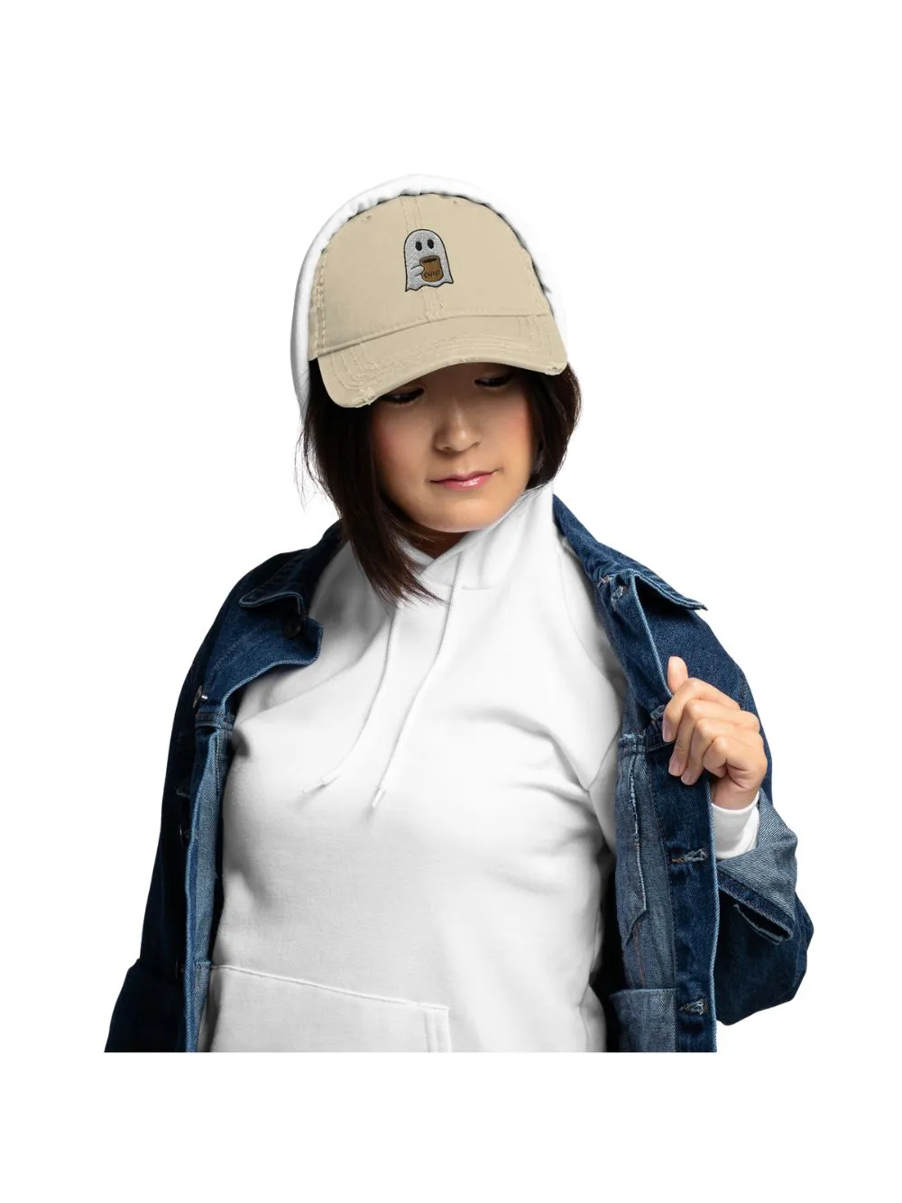 Coffee Ghost Embroidered Distressed Dad Hat