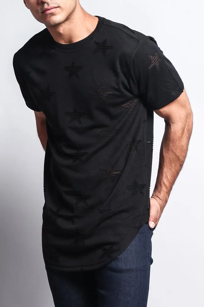 Cutout Jacquard Star Pattern Extended Length T-Shirt