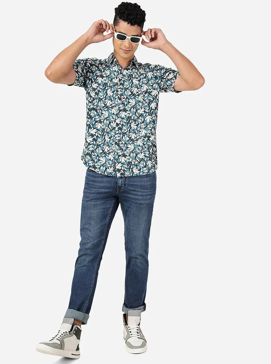 Deep Teal Printed Slim Fit Casual Shirt | JadeBlue