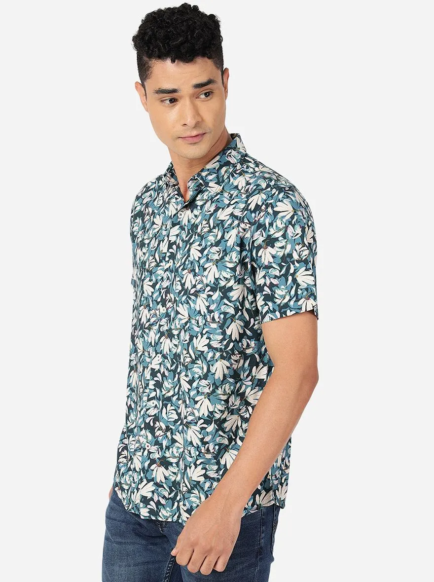 Deep Teal Printed Slim Fit Casual Shirt | JadeBlue