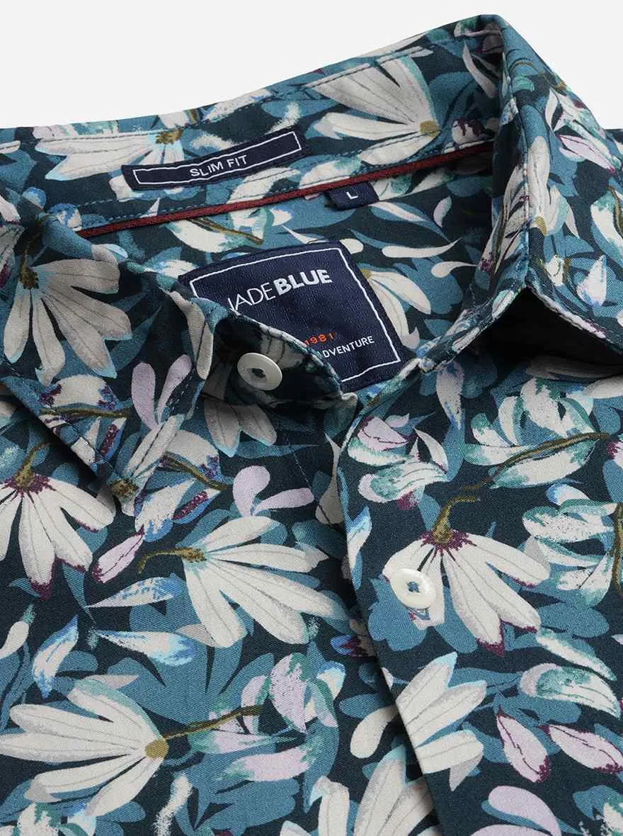 Deep Teal Printed Slim Fit Casual Shirt | JadeBlue