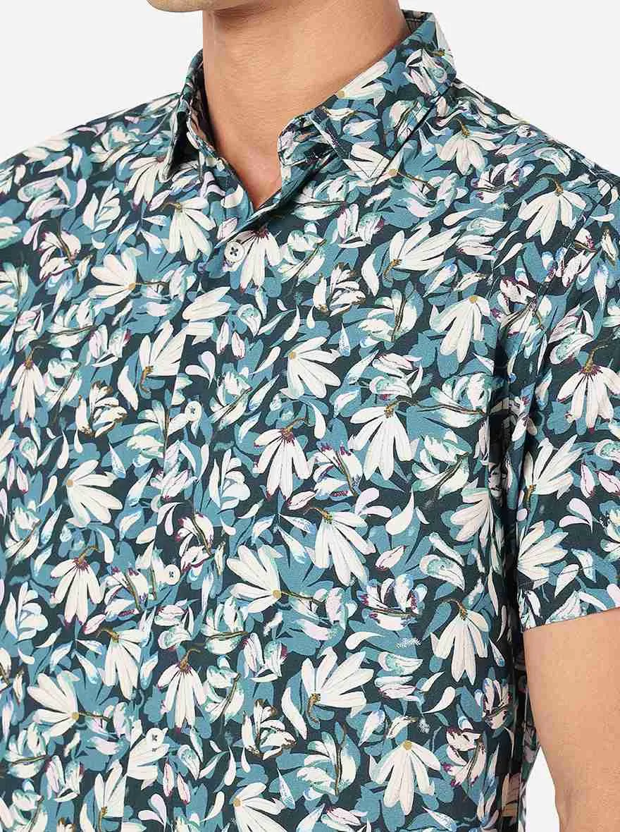 Deep Teal Printed Slim Fit Casual Shirt | JadeBlue
