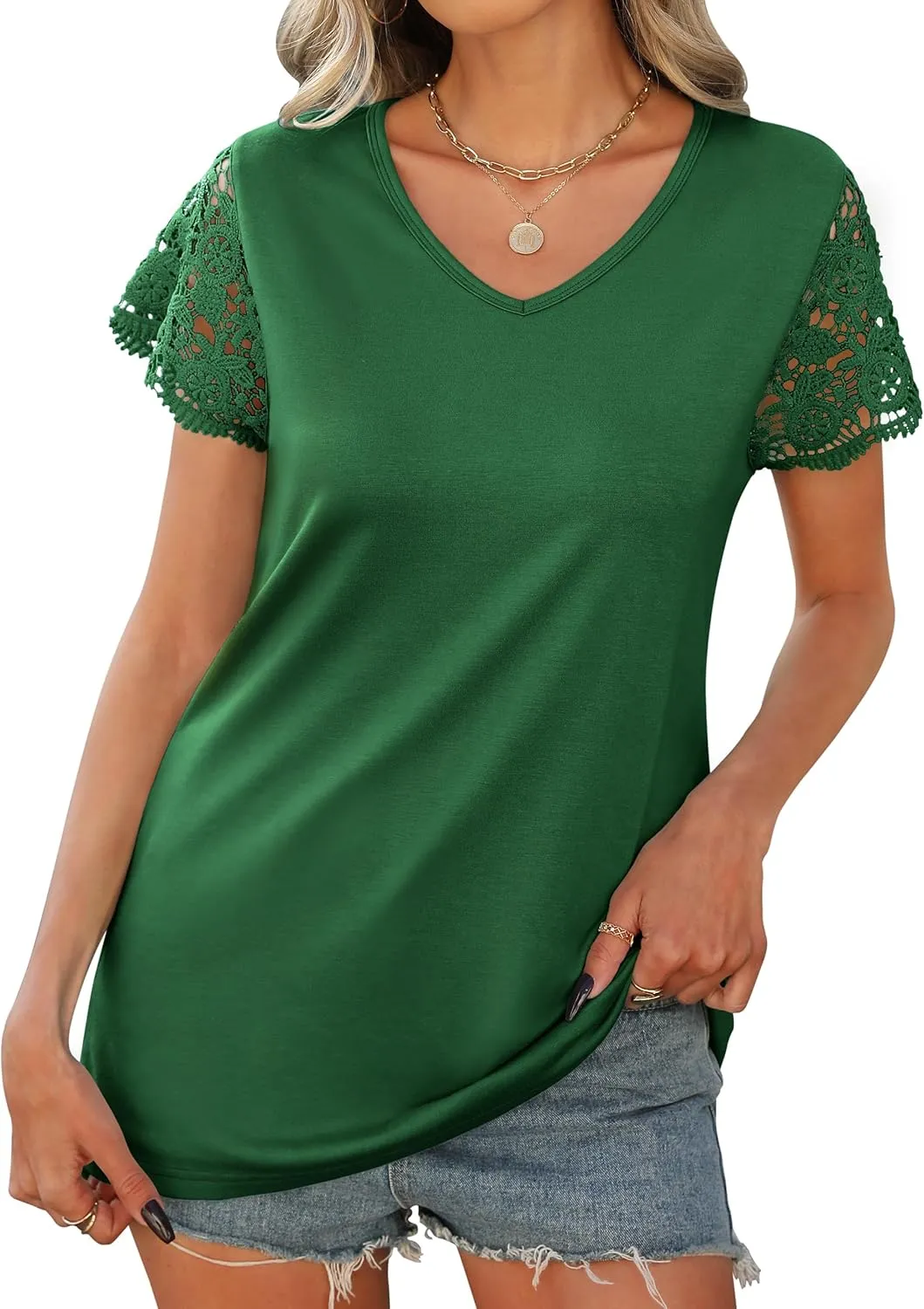 Desol Womens Summer Lace Tops Trendy 2025 Short Sleeve Tshirts Shirts Business Casual V Neck Blouses Summer Clothes