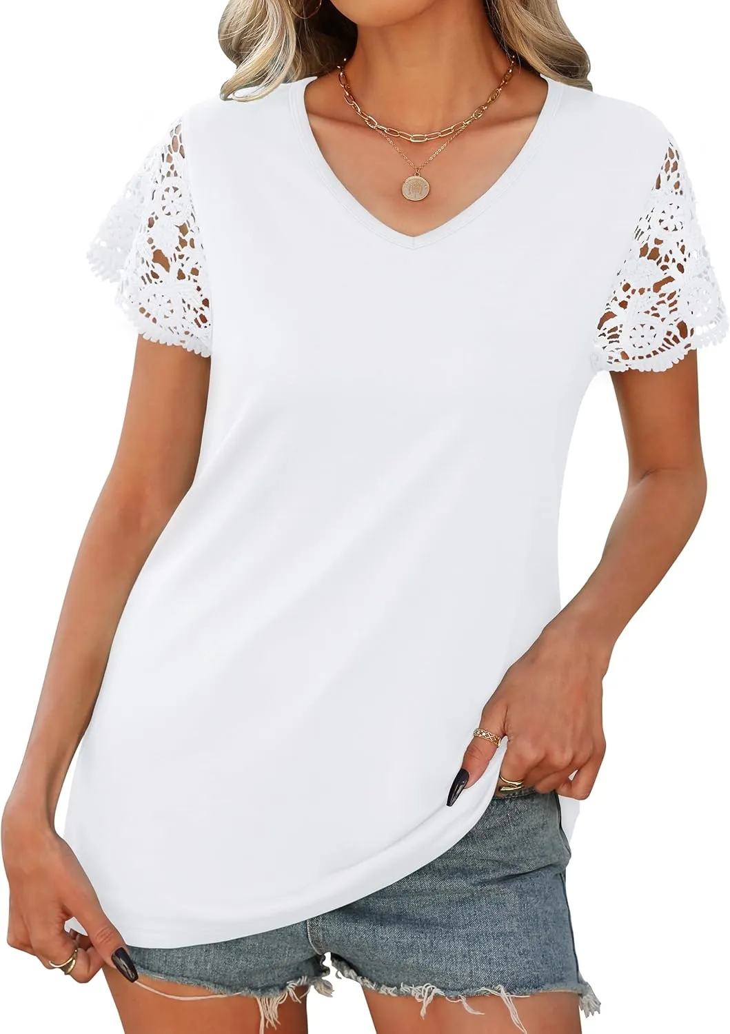 Desol Womens Summer Lace Tops Trendy 2025 Short Sleeve Tshirts Shirts Business Casual V Neck Blouses Summer Clothes