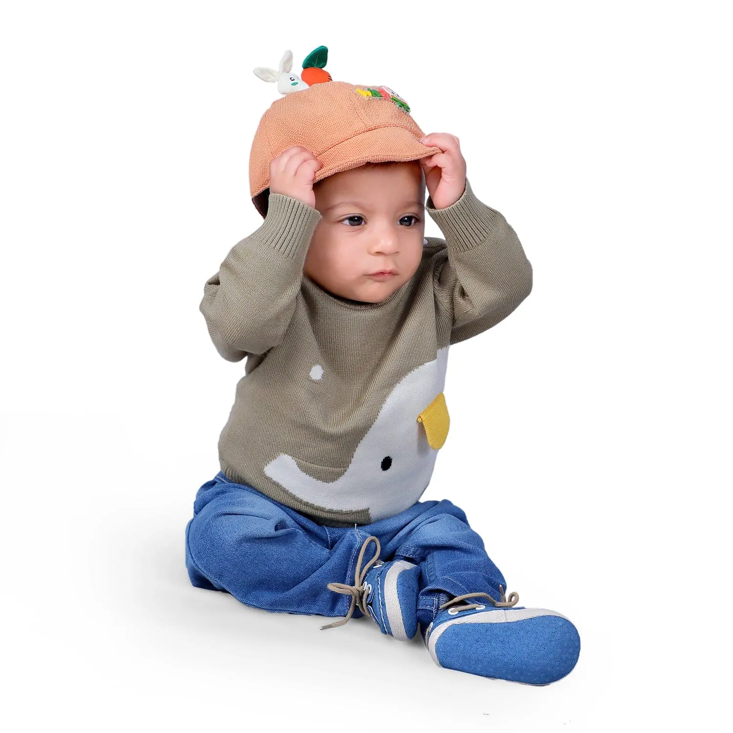 Elephant With 3D Ear Premium Full Sleeves Knitted Sweater - Olive Green