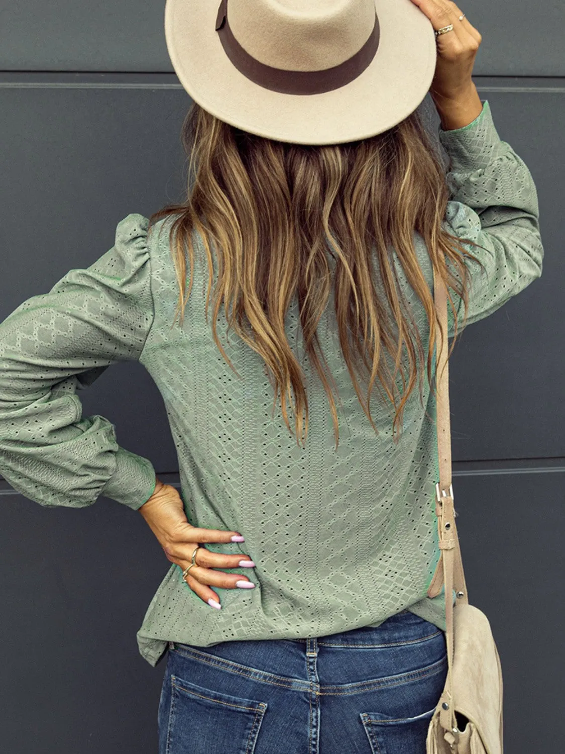Explore More  Collection - Eyelet V-Neck Long Sleeve Blouse