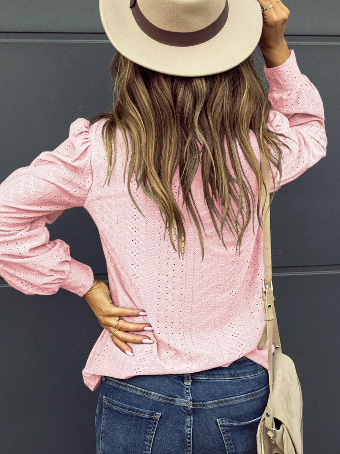 Explore More  Collection - Eyelet V-Neck Long Sleeve Blouse