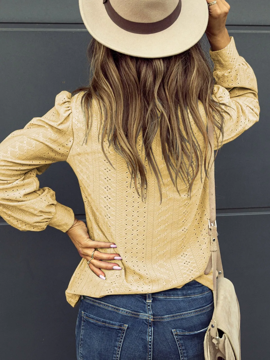 Explore More  Collection - Eyelet V-Neck Long Sleeve Blouse