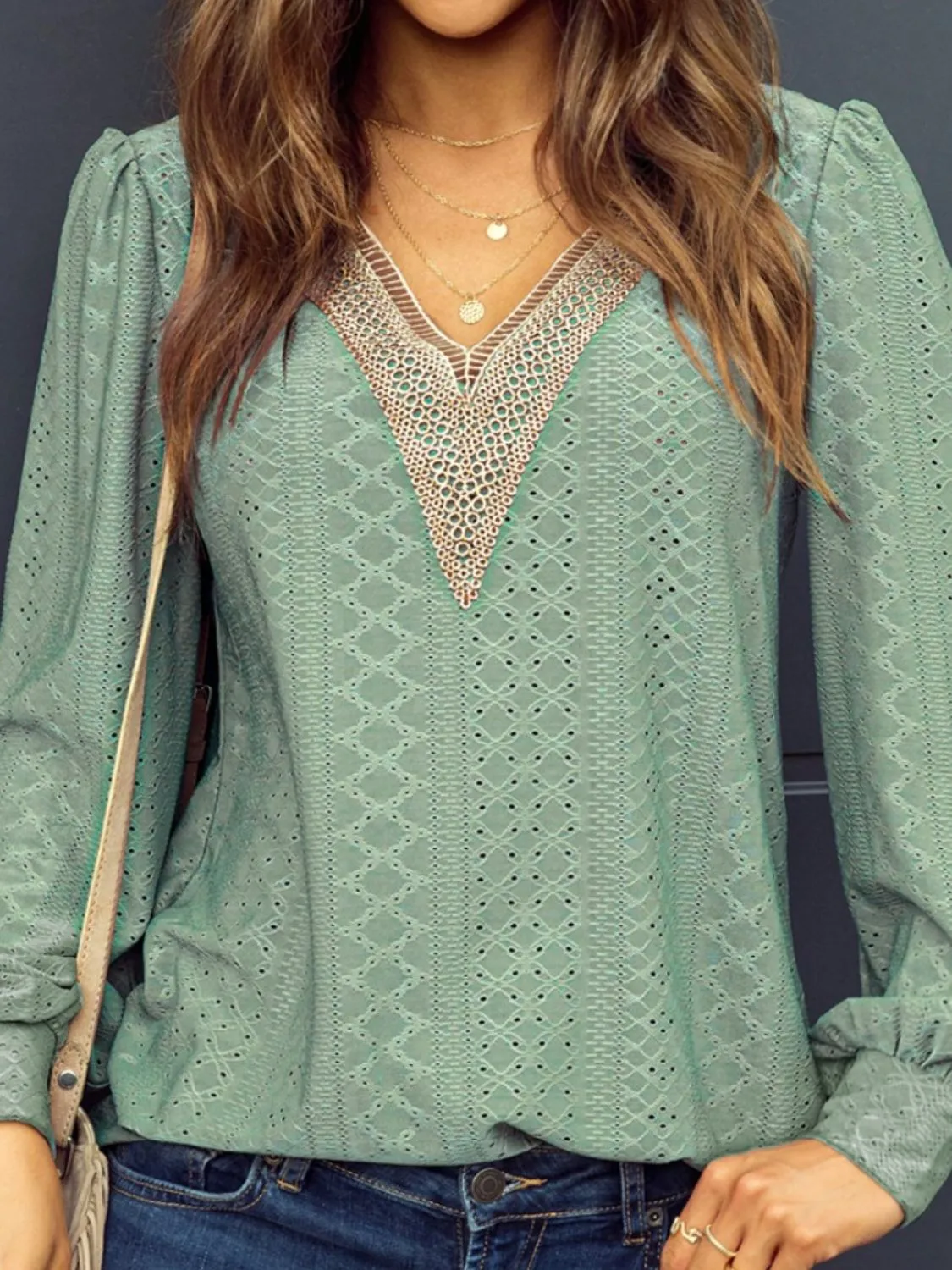 Explore More  Collection - Eyelet V-Neck Long Sleeve Blouse