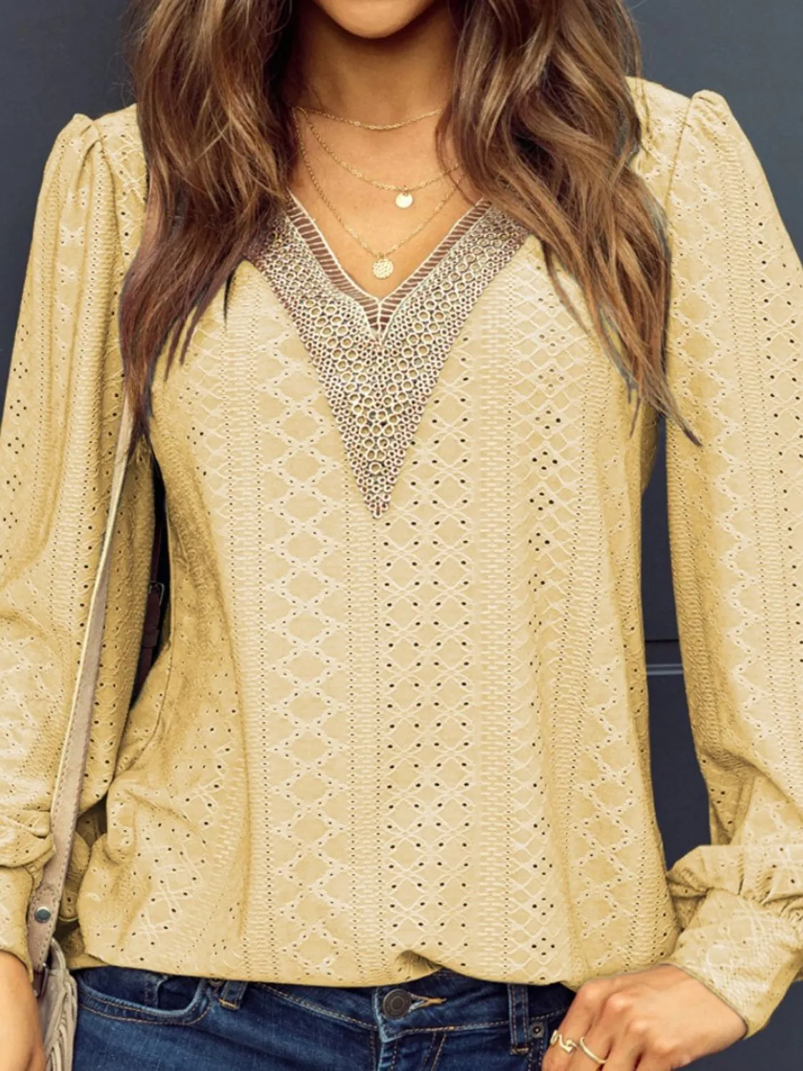 Explore More  Collection - Eyelet V-Neck Long Sleeve Blouse