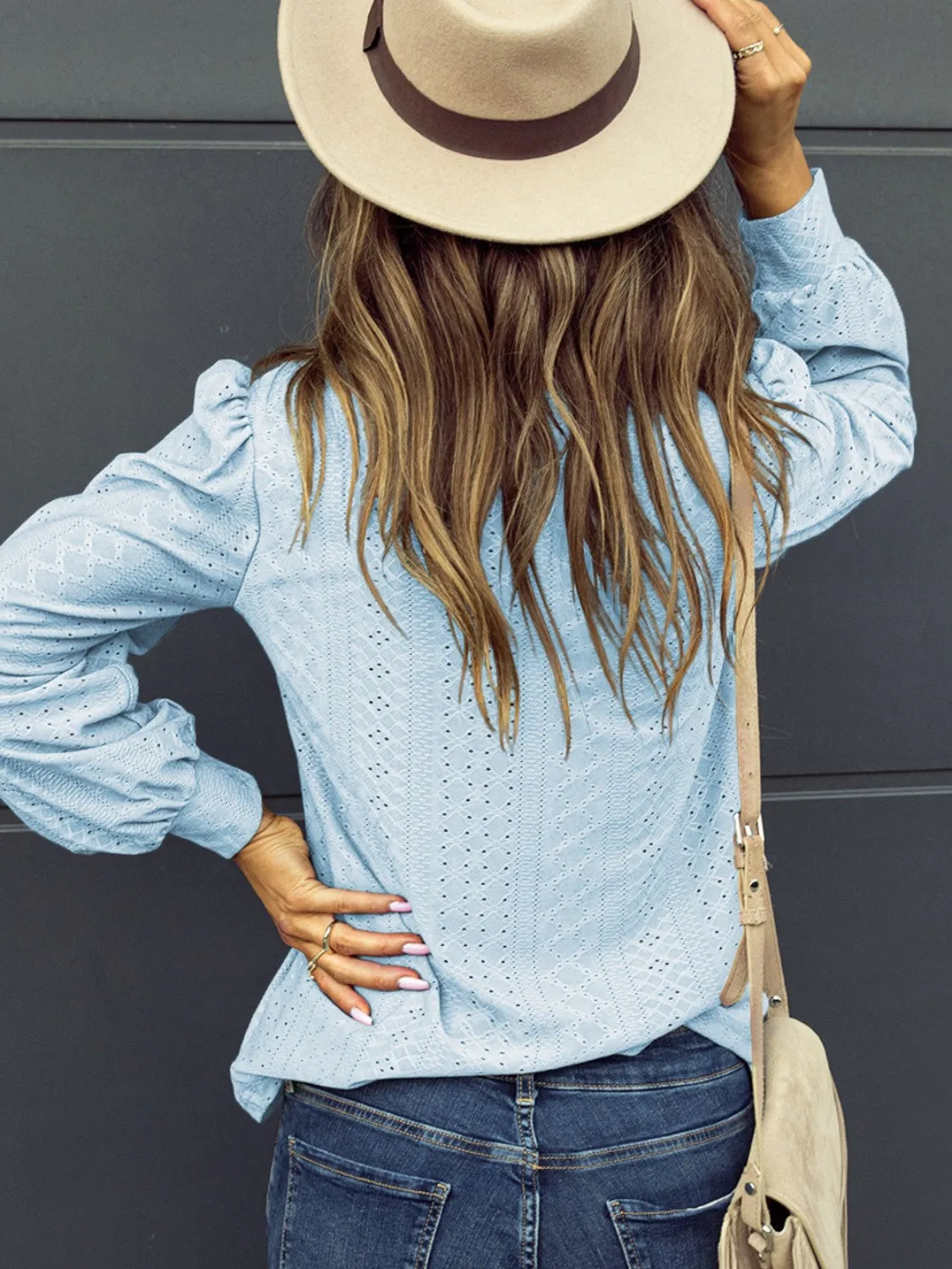 Explore More  Collection - Eyelet V-Neck Long Sleeve Blouse