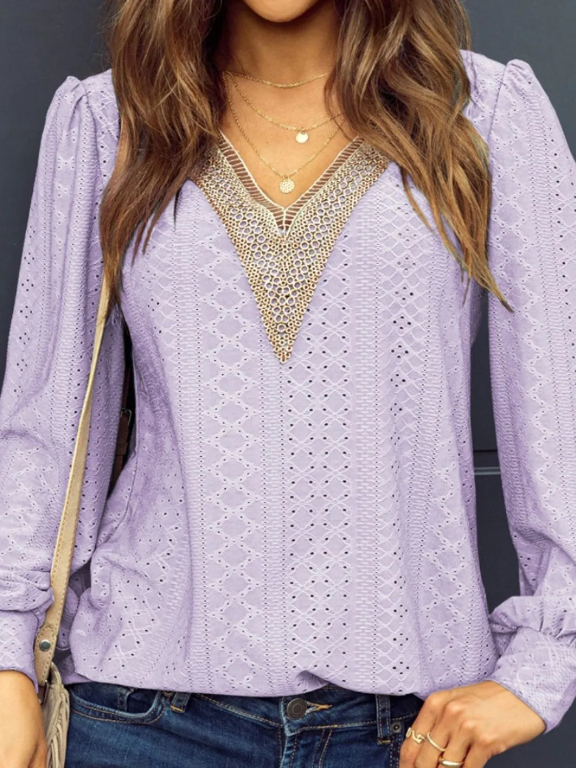 Explore More  Collection - Eyelet V-Neck Long Sleeve Blouse
