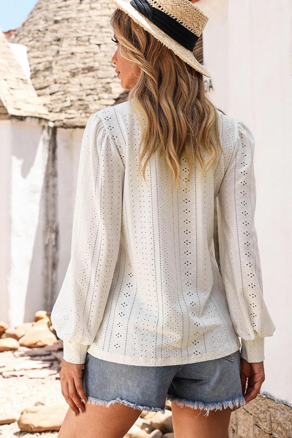 Explore More  Collection - Eyelet V-Neck Long Sleeve Blouse
