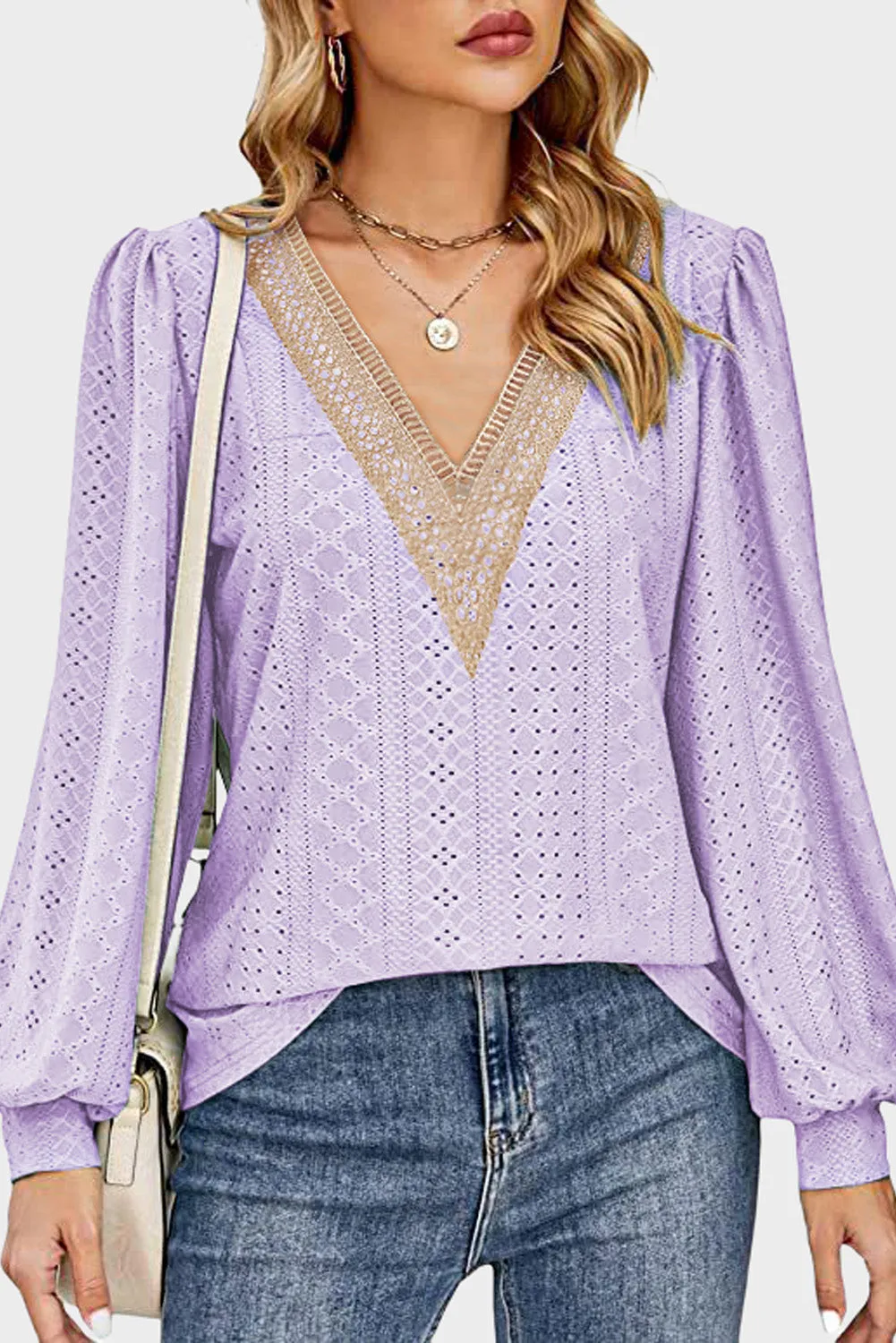 Explore More  Collection - Eyelet V-Neck Long Sleeve Blouse