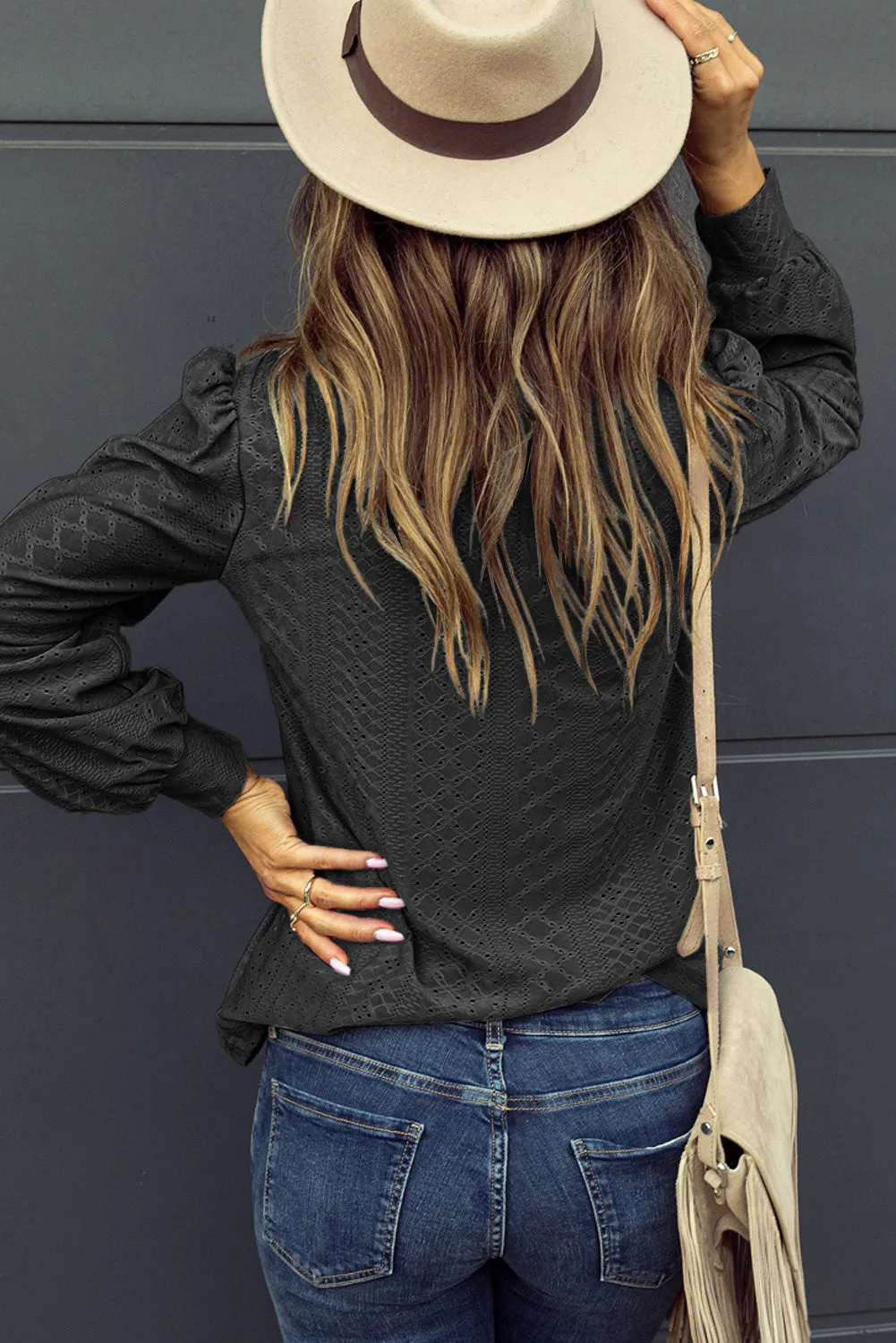 Explore More  Collection - Eyelet V-Neck Long Sleeve Blouse