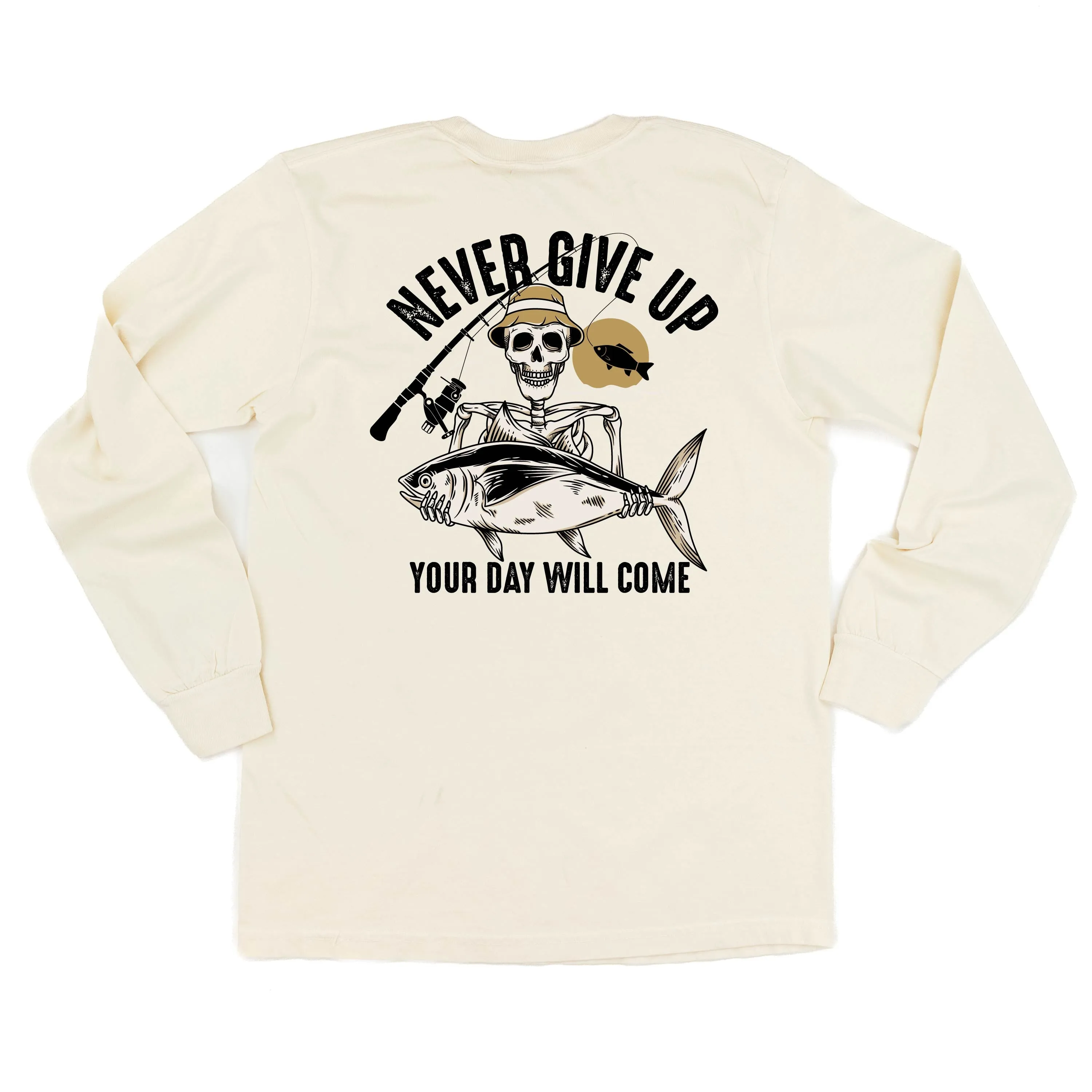 Fishing Skelly Pocket Design on Front w/ Never Give Up on Back - LONG SLEEVE COMFORT COLORS TEE