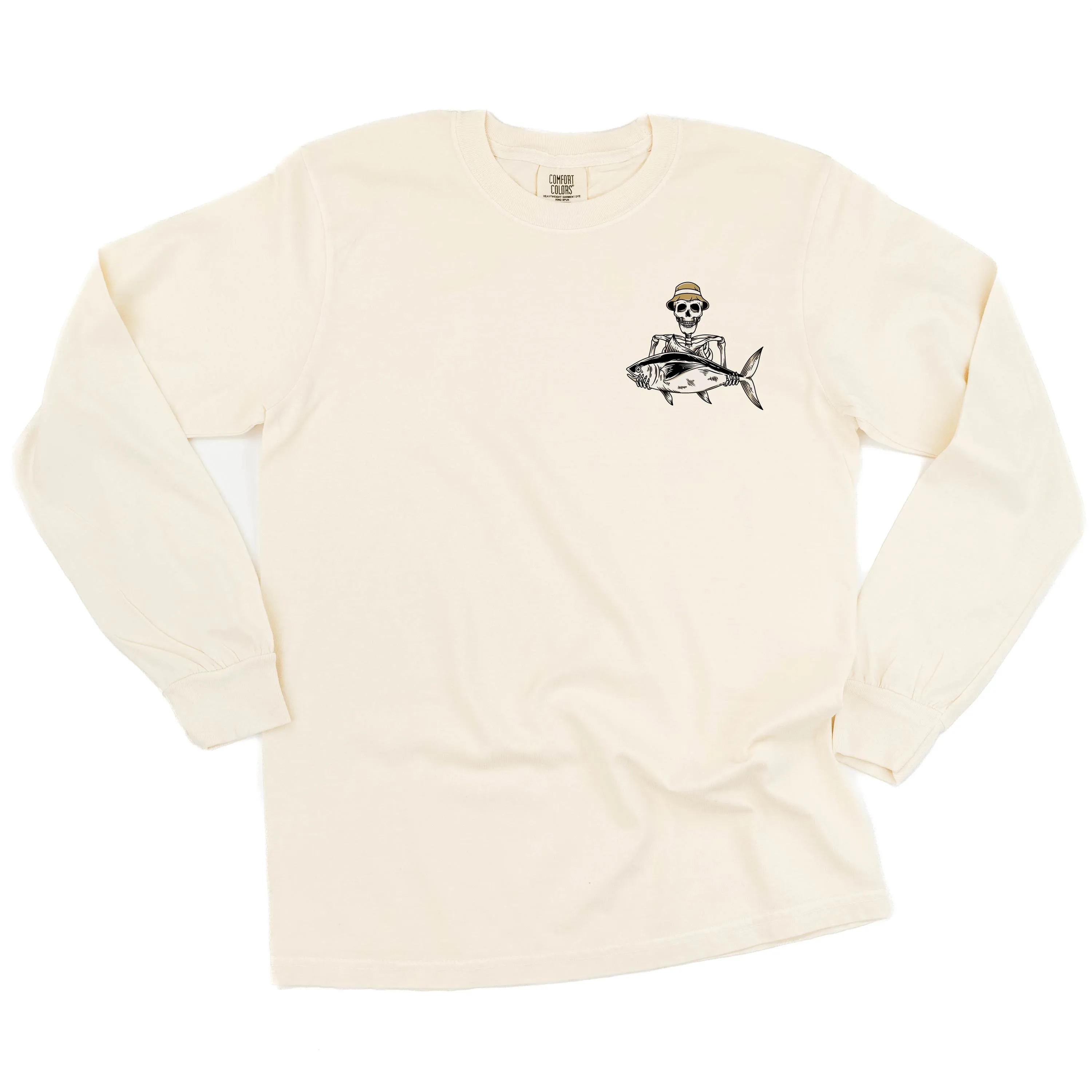 Fishing Skelly Pocket Design on Front w/ Never Give Up on Back - LONG SLEEVE COMFORT COLORS TEE
