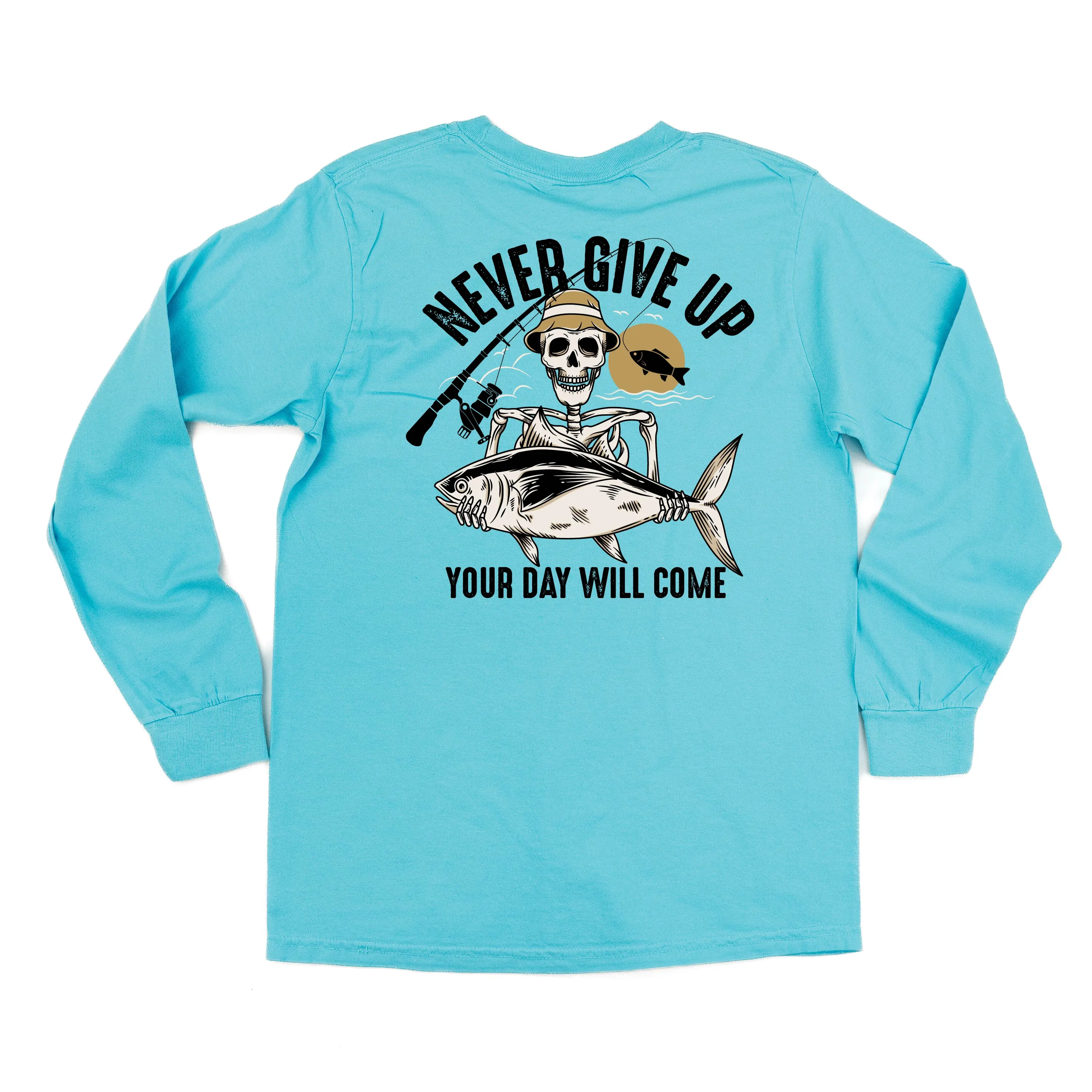 Fishing Skelly Pocket Design on Front w/ Never Give Up on Back - LONG SLEEVE COMFORT COLORS TEE