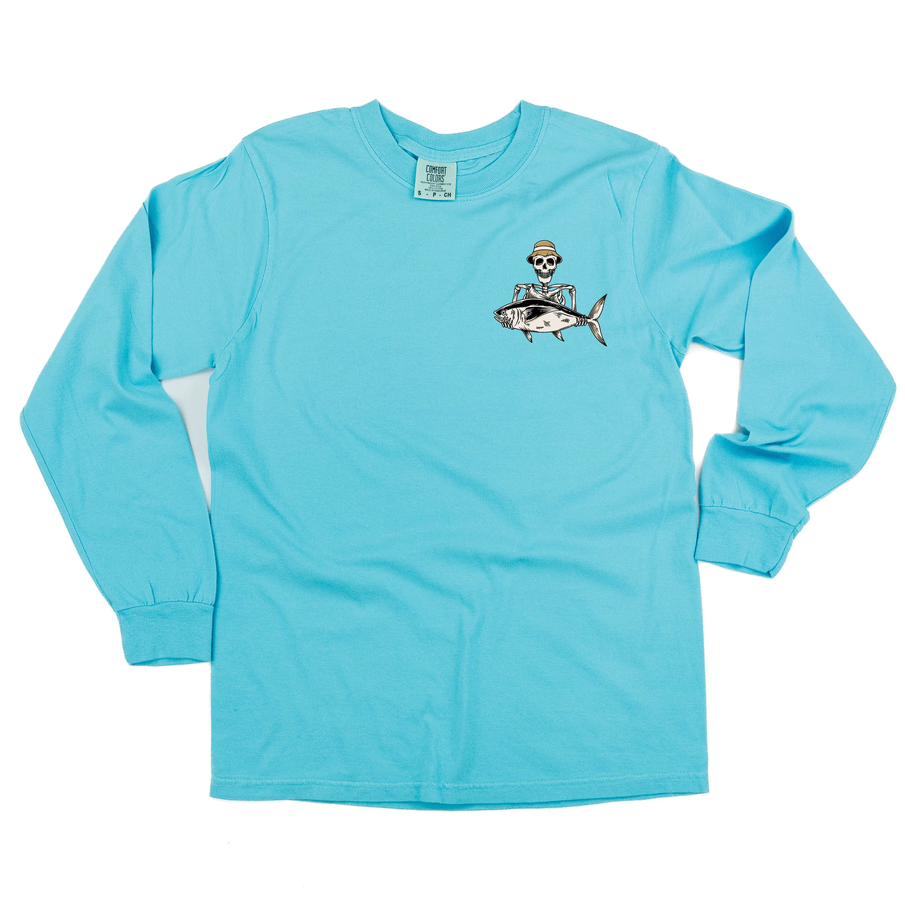 Fishing Skelly Pocket Design on Front w/ Never Give Up on Back - LONG SLEEVE COMFORT COLORS TEE