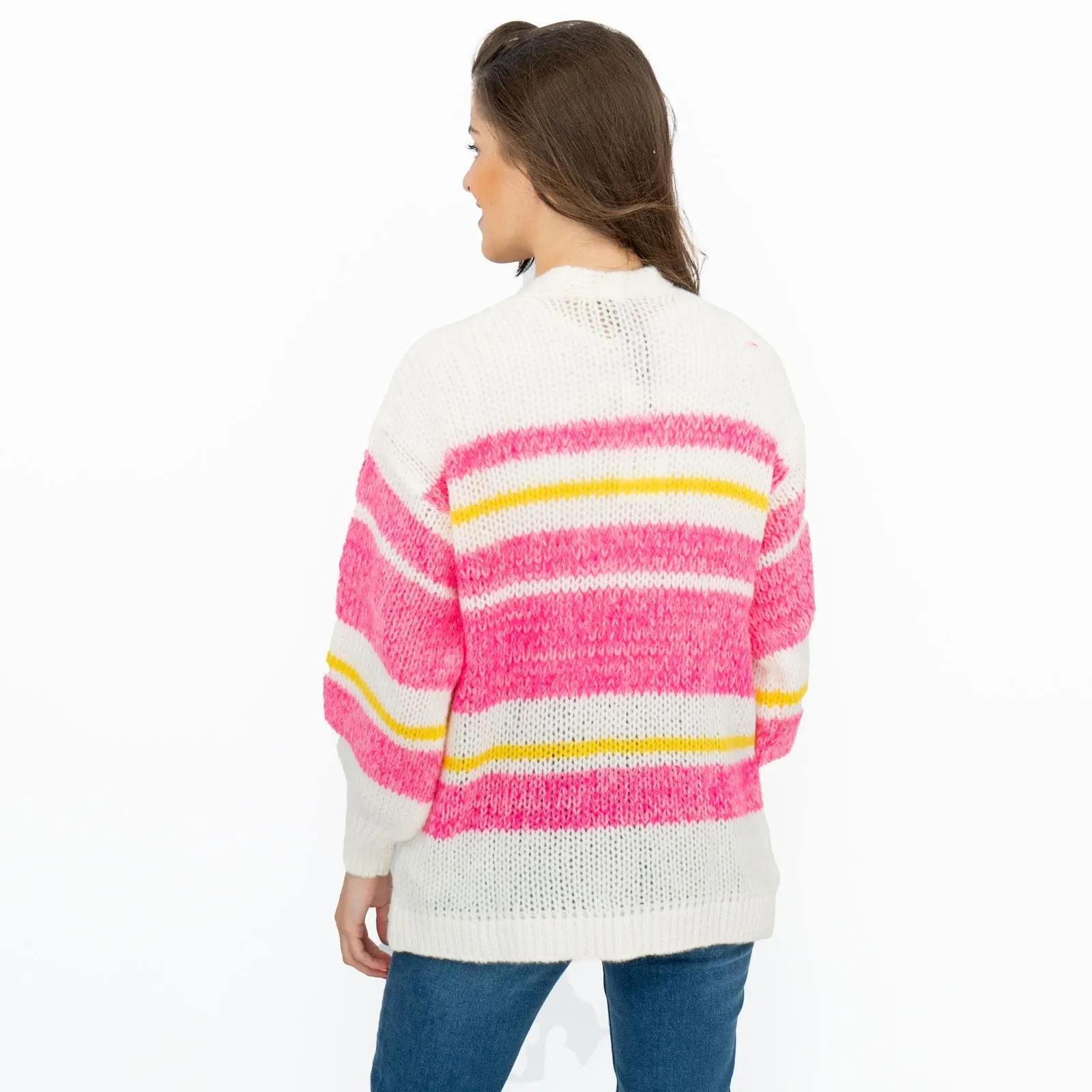 Joules Womens Cardigan Pink White Slouchy Stripe Supersoft Chunky Knit