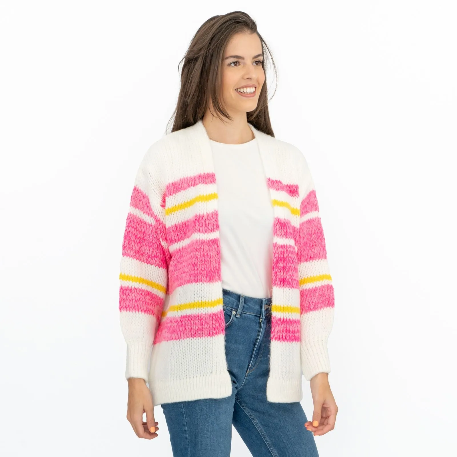 Joules Womens Cardigan Pink White Slouchy Stripe Supersoft Chunky Knit
