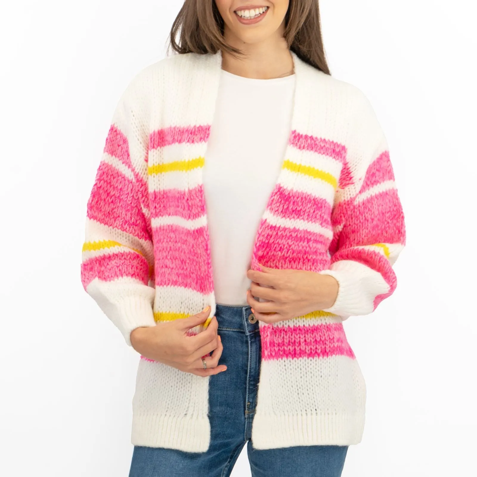Joules Womens Cardigan Pink White Slouchy Stripe Supersoft Chunky Knit