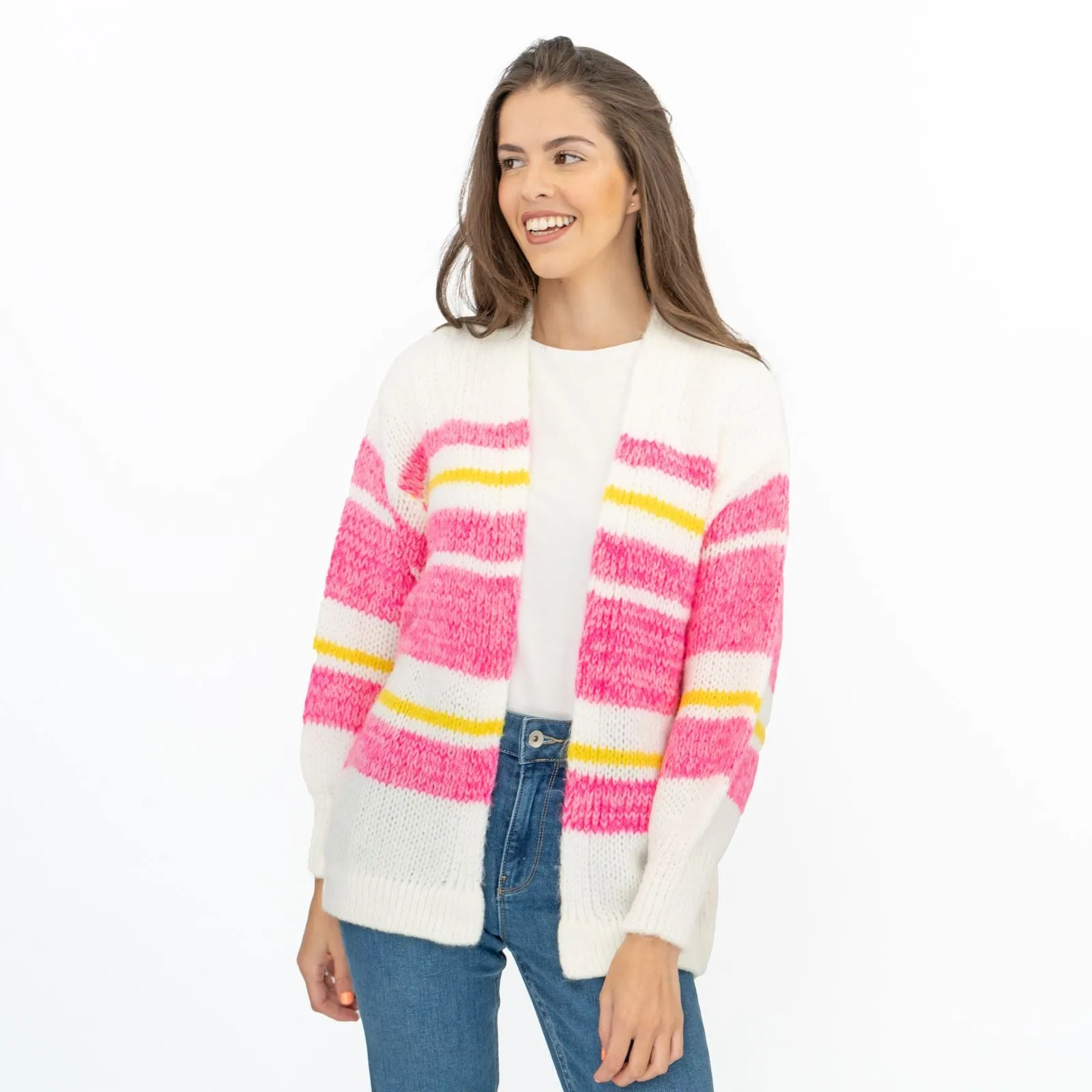 Joules Womens Cardigan Pink White Slouchy Stripe Supersoft Chunky Knit