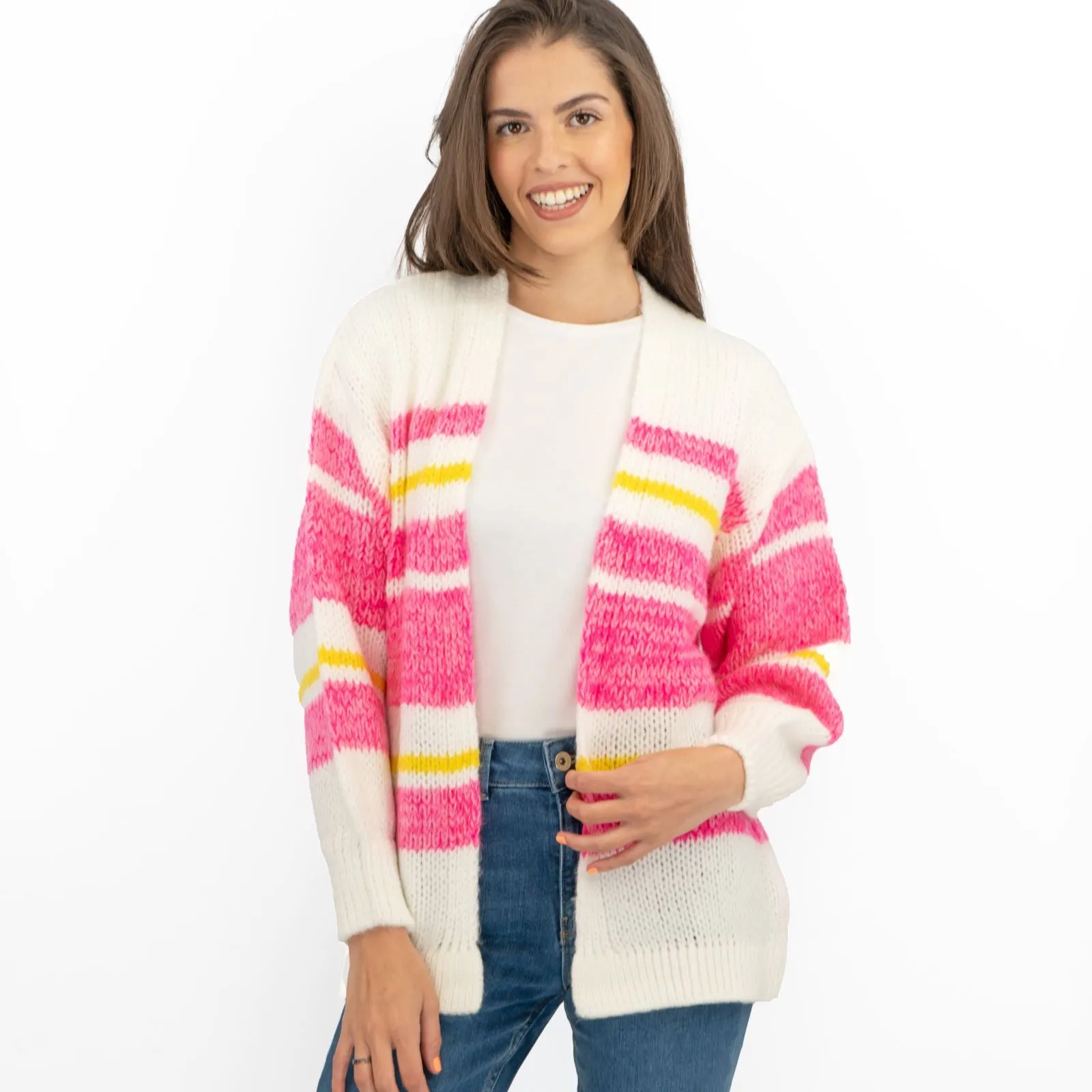 Joules Womens Cardigan Pink White Slouchy Stripe Supersoft Chunky Knit